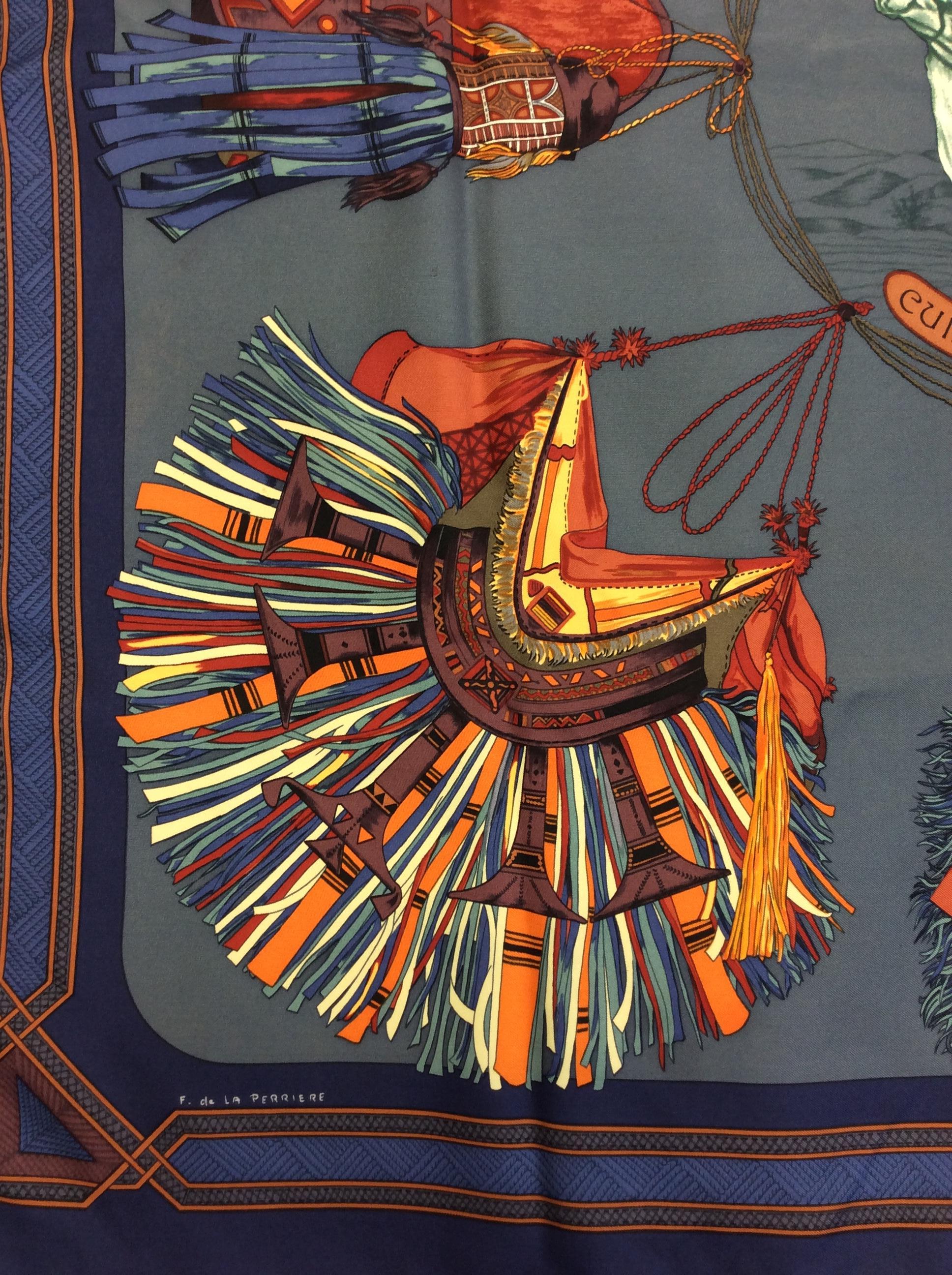 Hermes Blue and Orange 'Euirs Du Desert' Silk Scarf In Good Condition In Narberth, PA