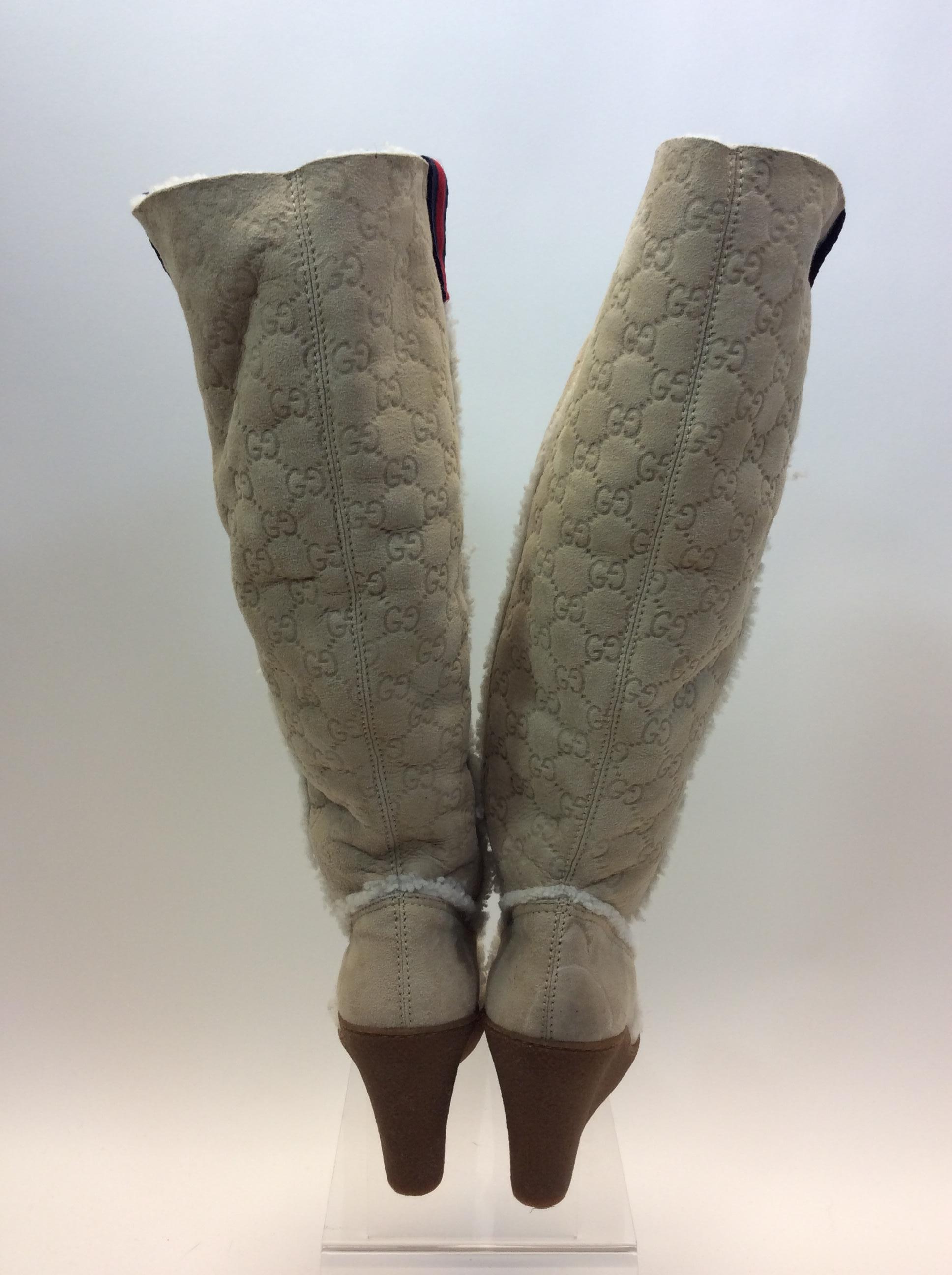 Gray Gucci Tan Leather Wedged Boots For Sale