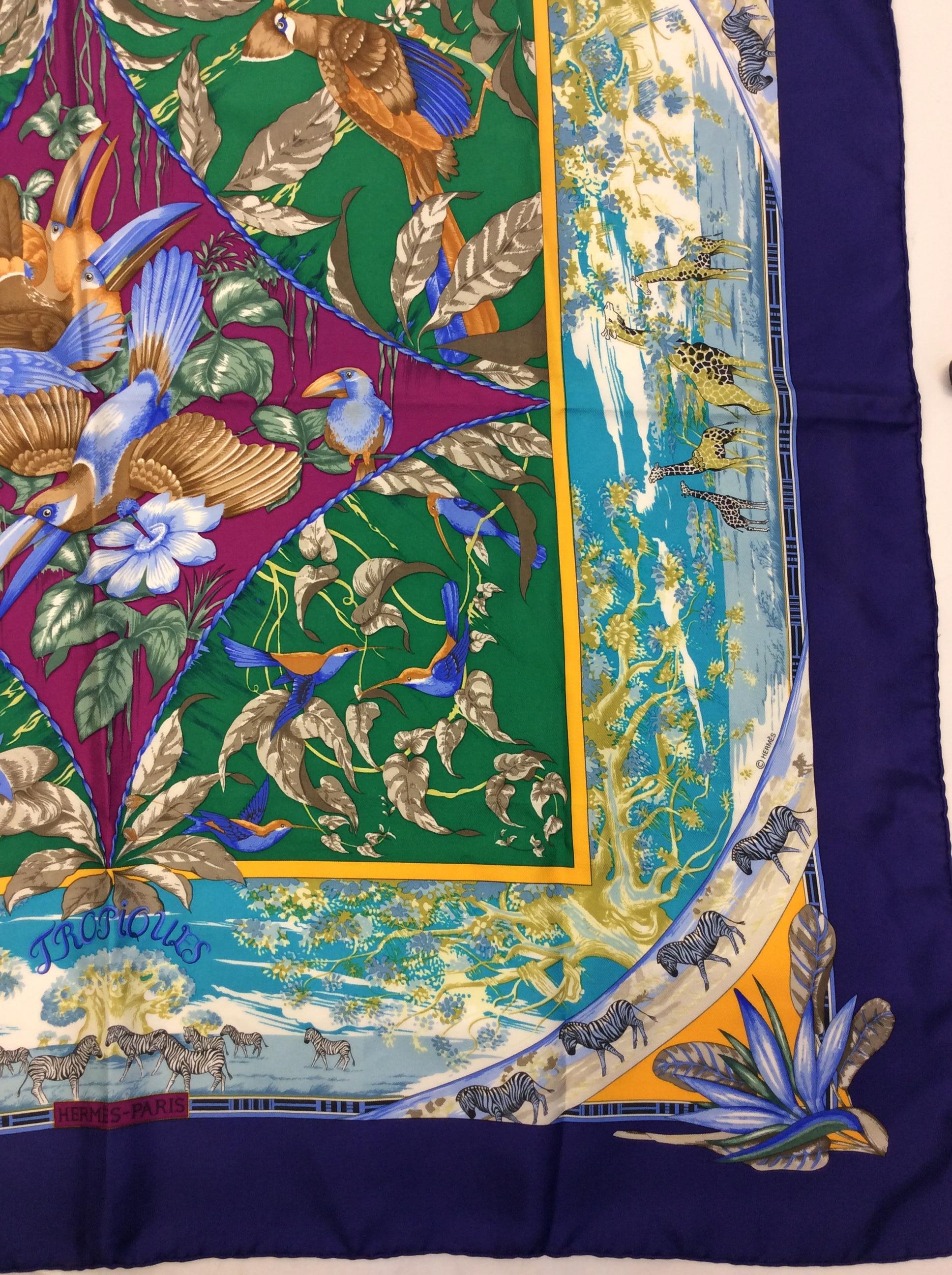 Hermes 'Tropiques' Blue Print Silk Scarf In Good Condition In Narberth, PA