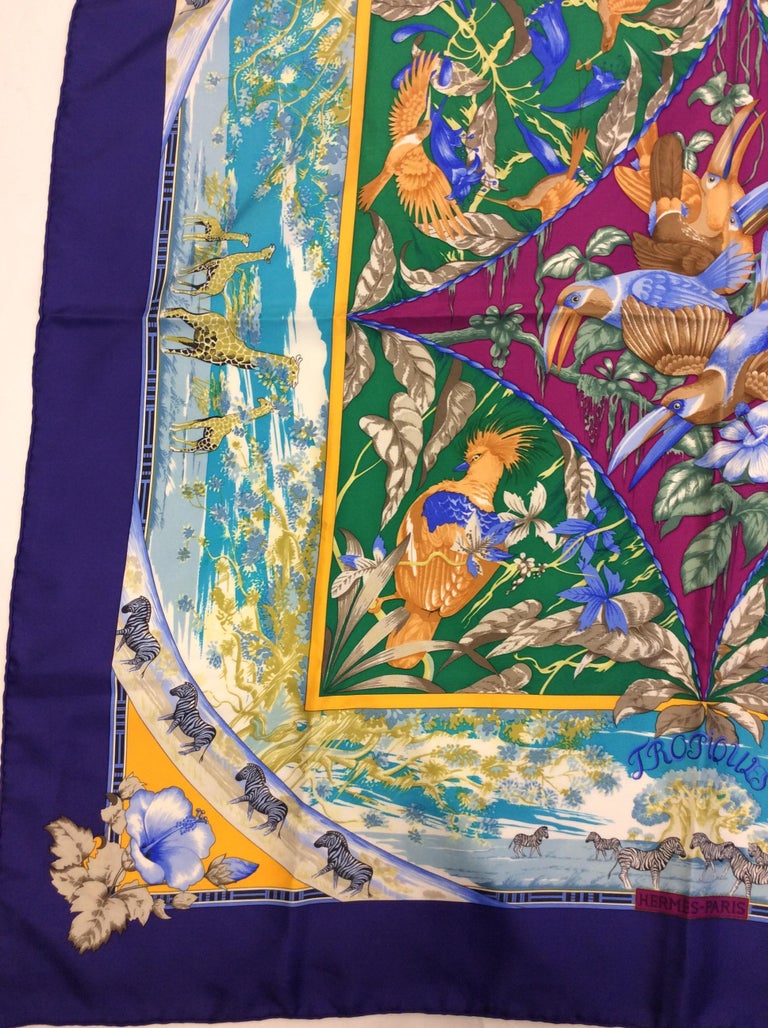 Hermes 'Tropiques' Blue Print Silk Scarf at 1stDibs
