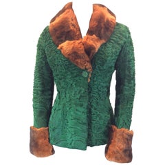 Etro Green and Burnt Sienna Persian Lamb with Mink Collar Coat