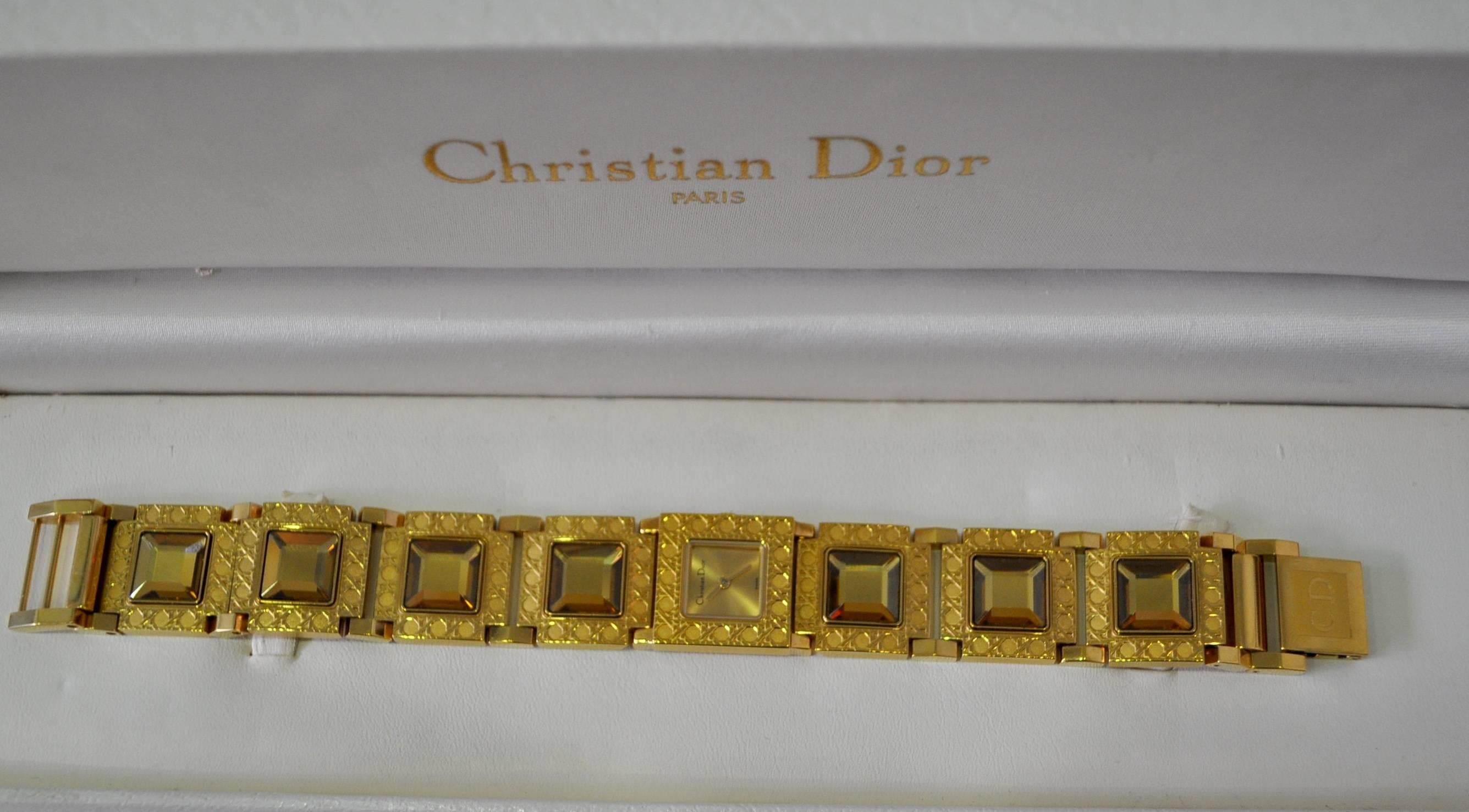 Art Deco Authentic Christian Dior Jewel Encrusted Gold Tone Link Watch For Sale