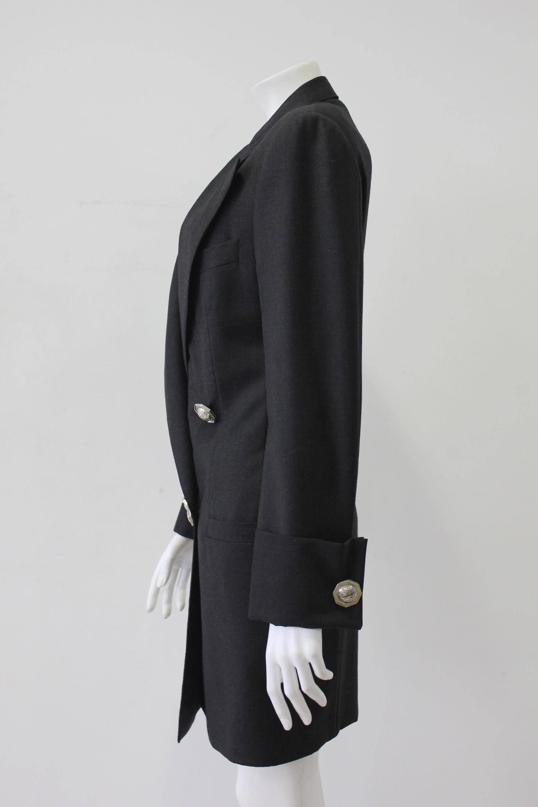 Black Gianni Versace Couture Long Grey Jacket With Important Medusa Buttons For Sale