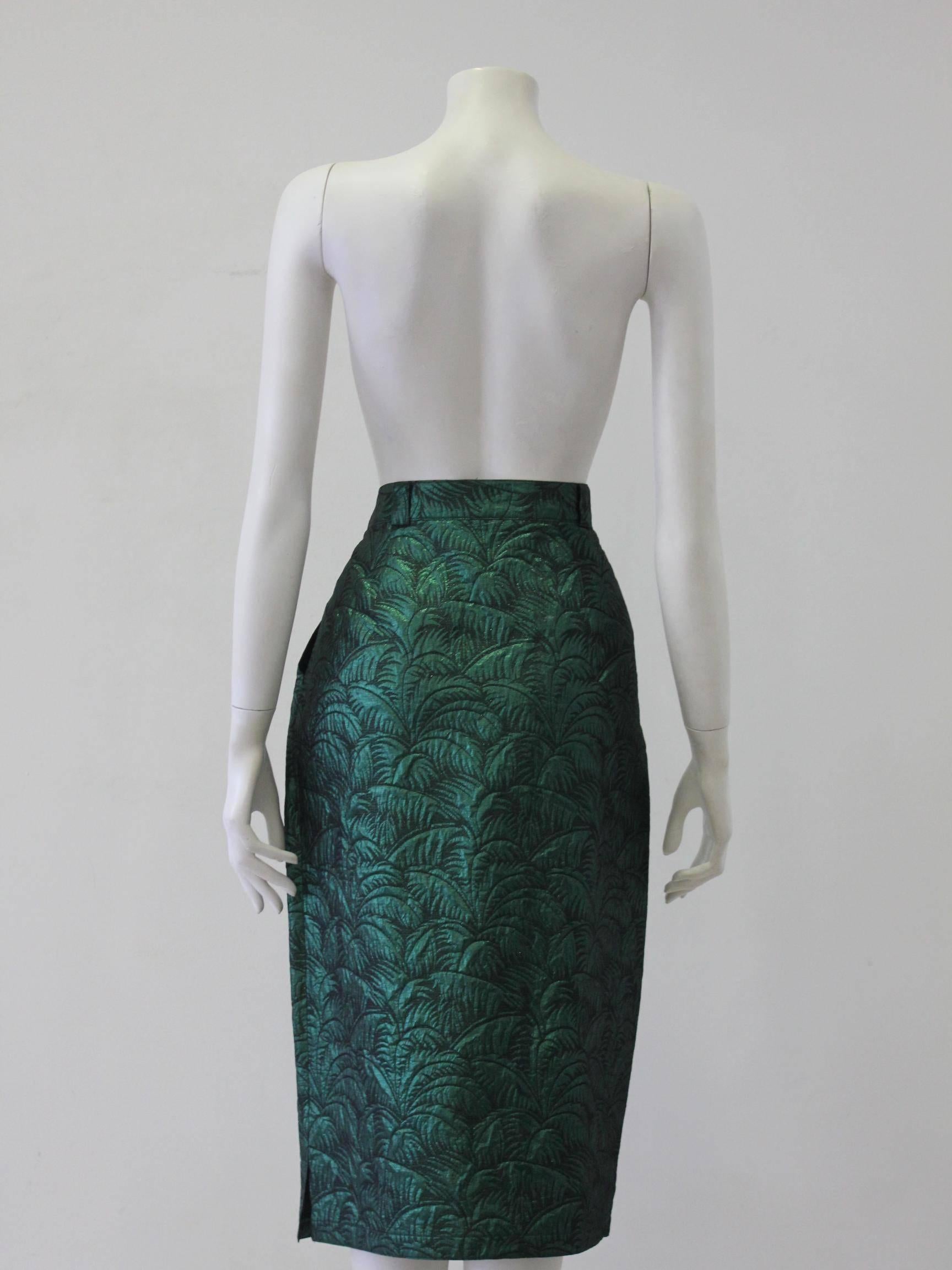 Women's Rare Gianni Versace Brocade Green Lurex High Waist Skirt For Sale
