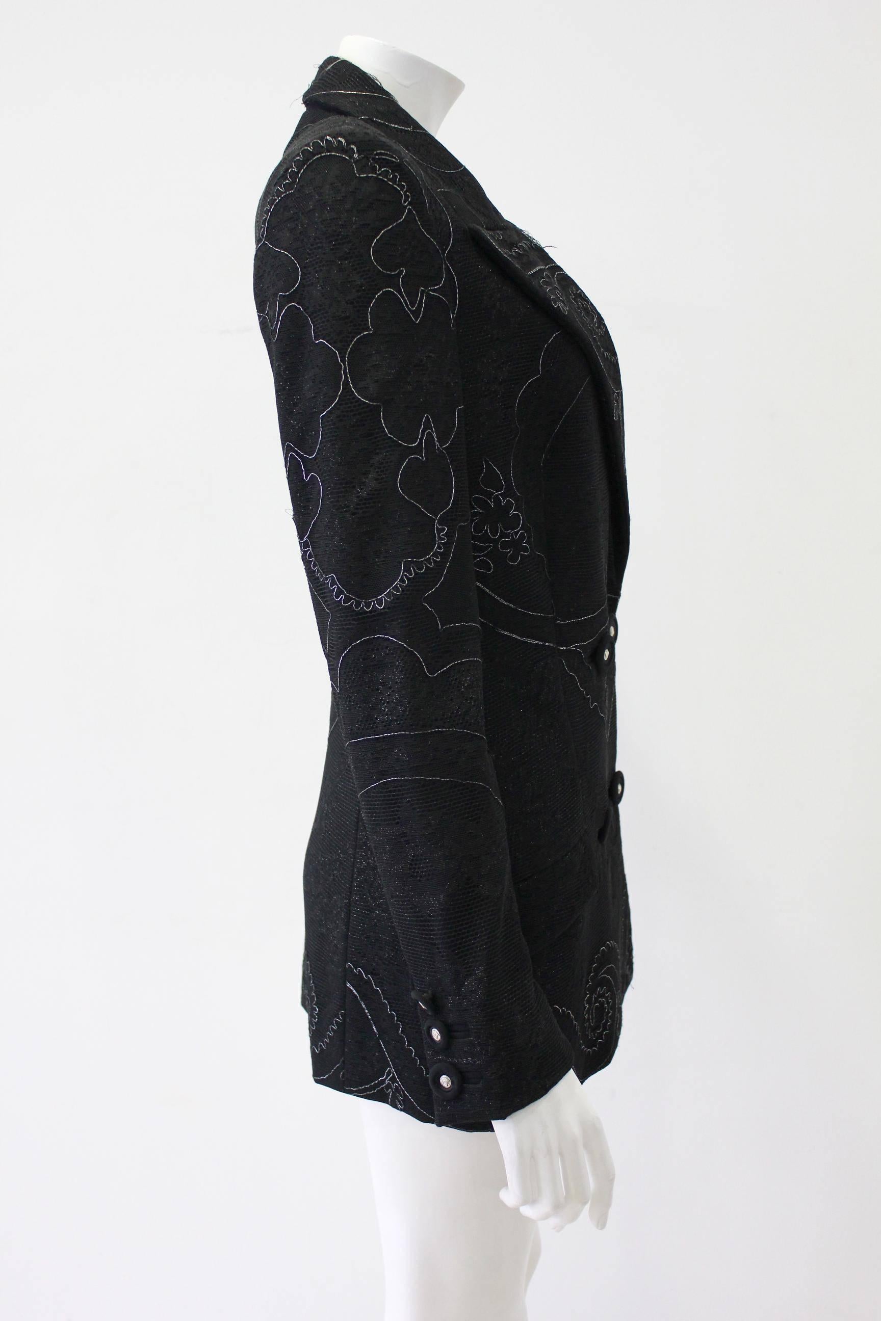 Black Gianni Versace Couture Lace Metallic Embroidered Jacket Fall 1996 For Sale