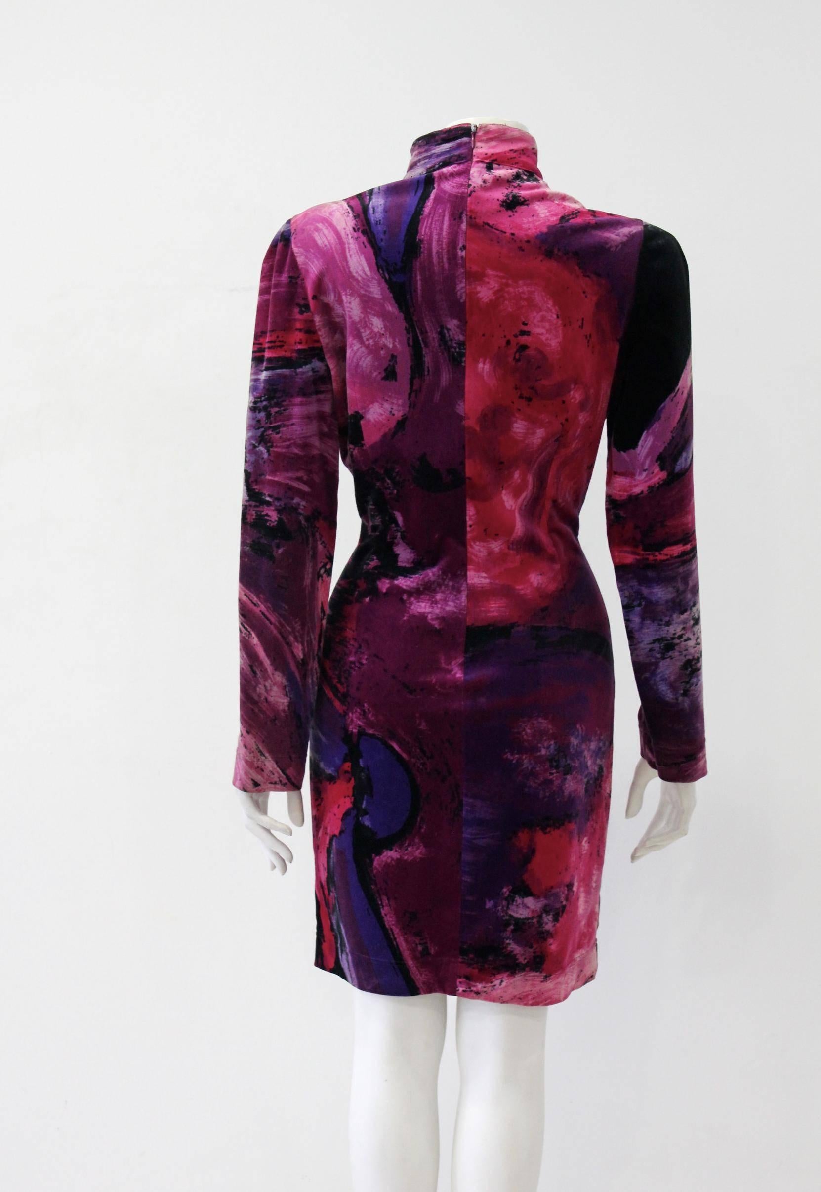 Rare Istante Velvet Colourful High Neck Dress Fall 1994 In New Condition For Sale In Athens, Agia Paraskevi