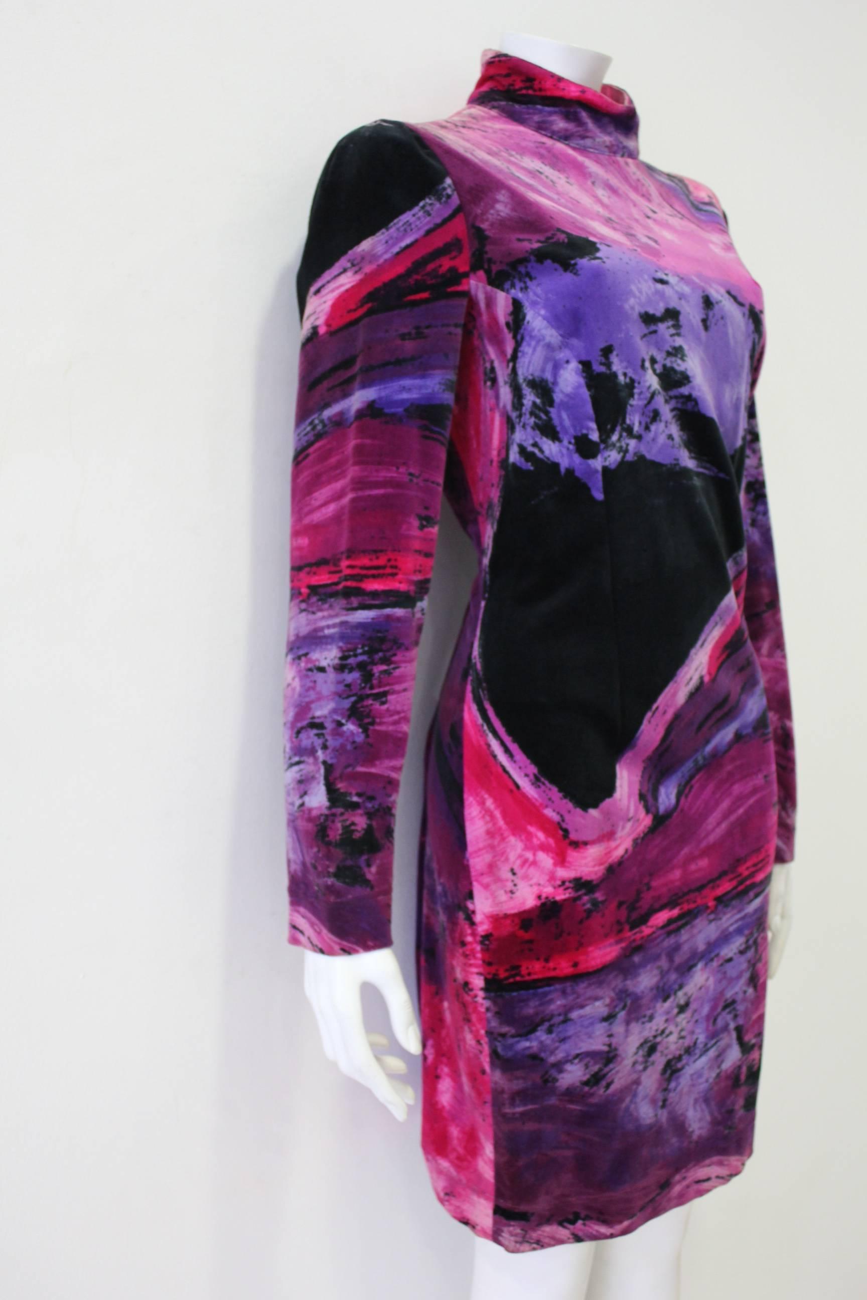 Black Rare Istante Velvet Colourful High Neck Dress Fall 1994 For Sale