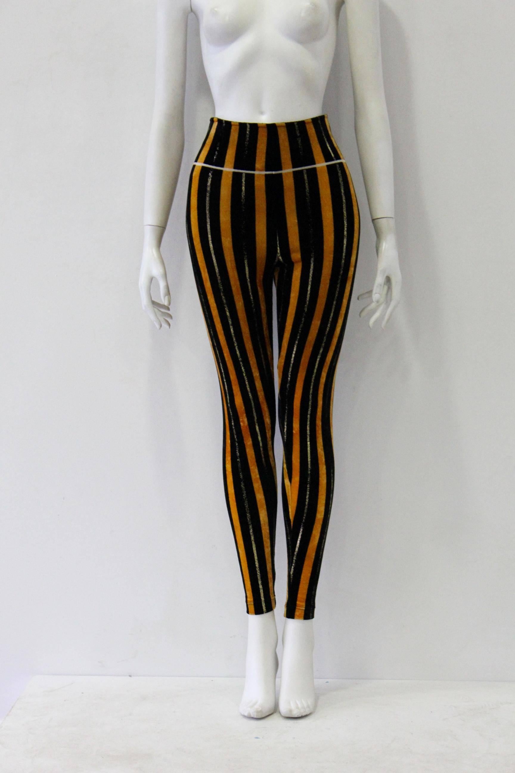 Black Rare Gianni Versace Couture Stripe Velvet Strech Leggings Fall 1994 For Sale