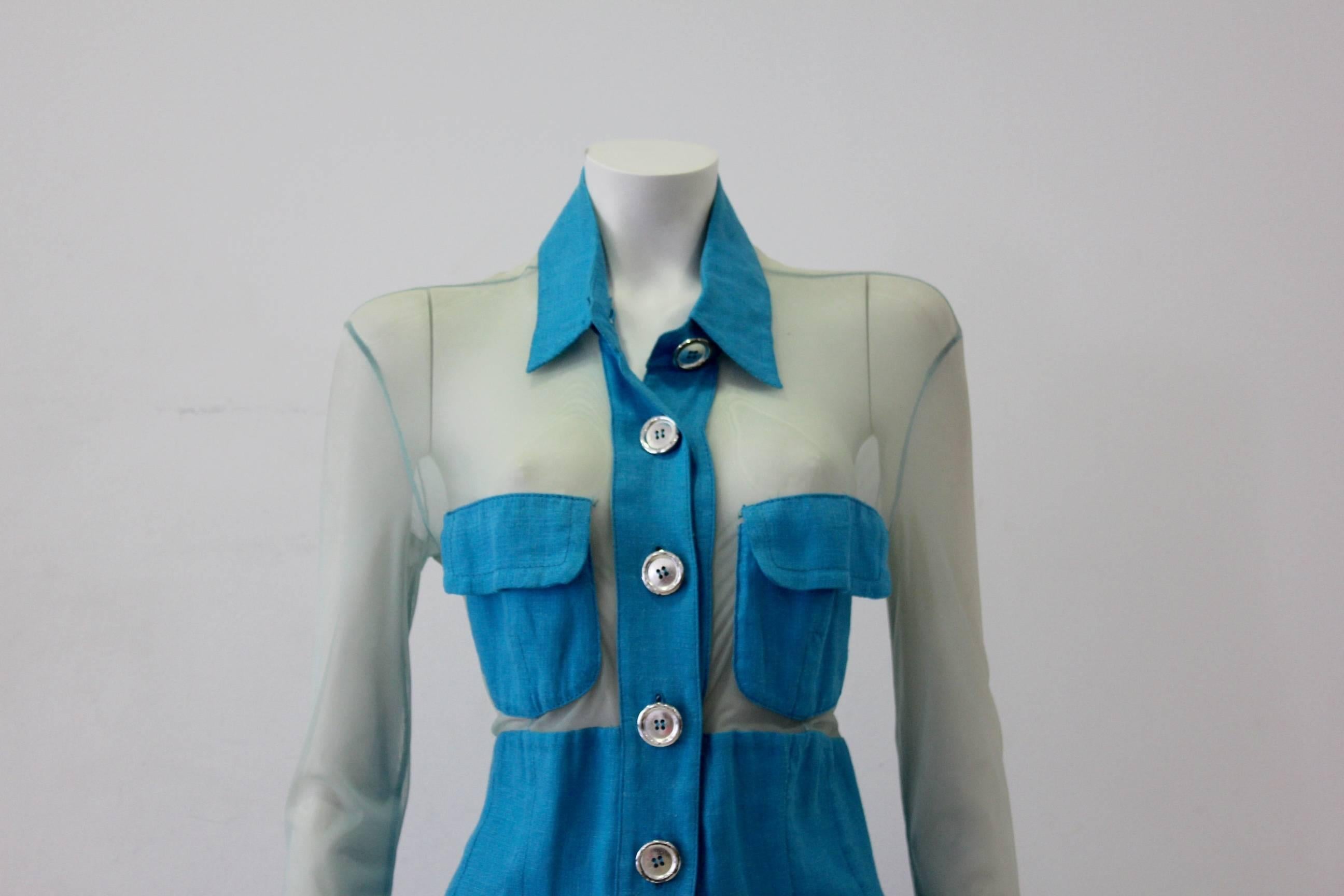 Blue Gianfranco Ferre Sheer And Denim Mini Dress 1990's For Sale