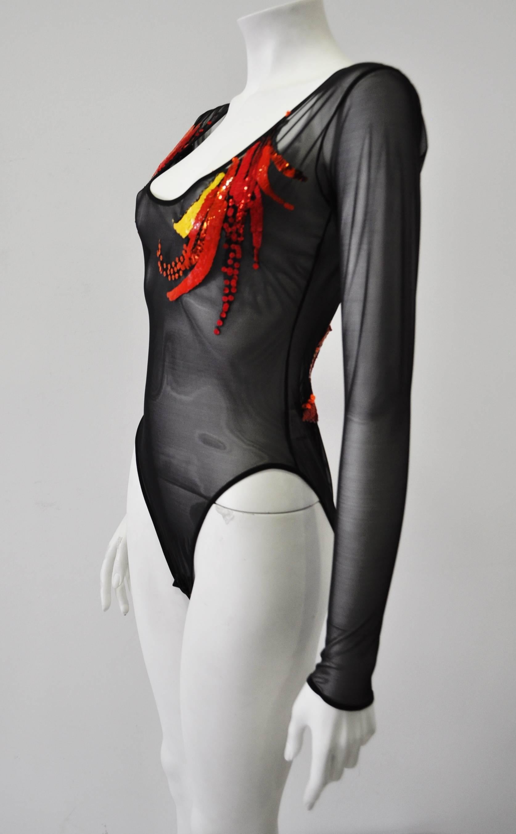 Black Rare Gianfranco Ferre Sheer Sequin Bodysuit 1990's For Sale