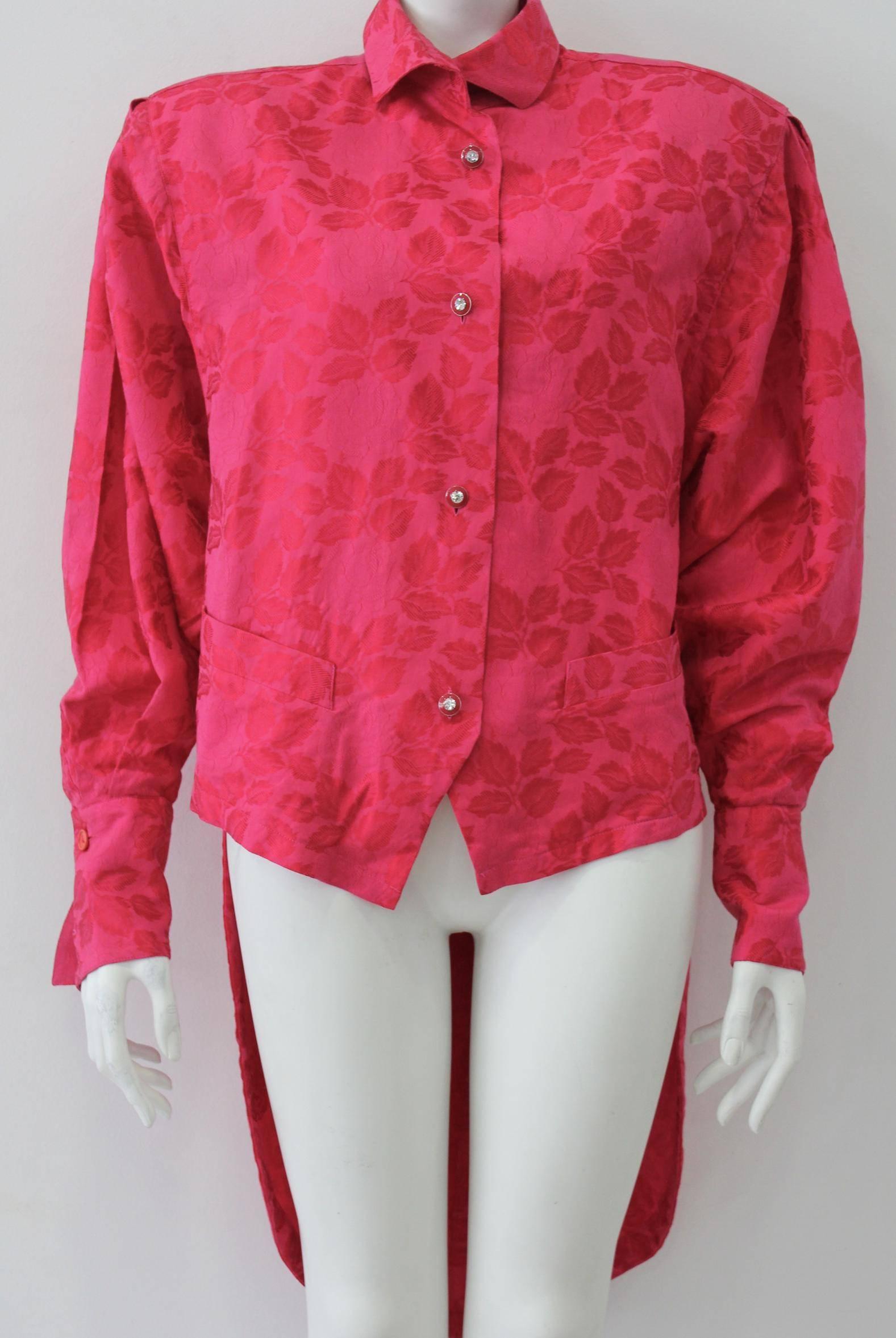 Red Byblos Fuchsia High-Low Rose & Leaf Print Shirt 1983 For Sale