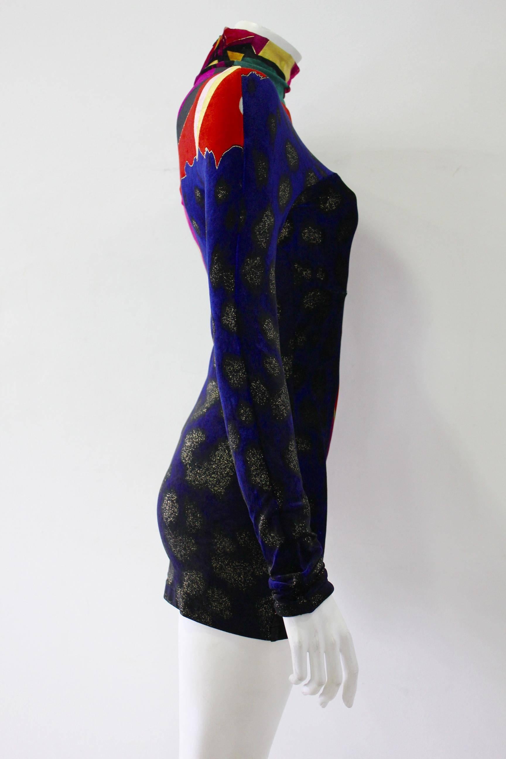 Unique Gianni Versace Couture Print Velvet Stretch Polo Neck Mini Dress Fall 1994