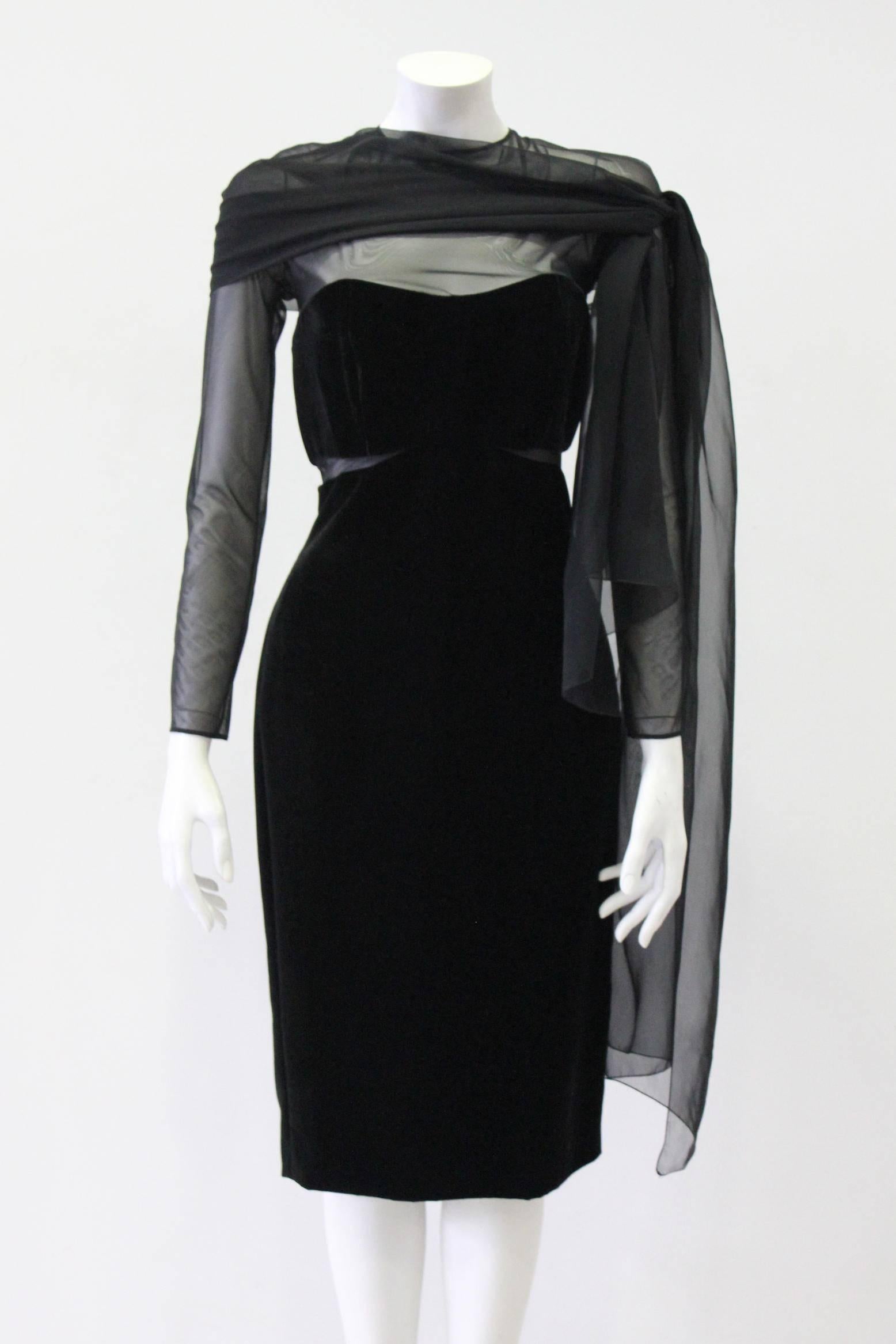 Black Unique Gianfranco Ferre Sheer Velvet Cocktail Dress 1980s For Sale