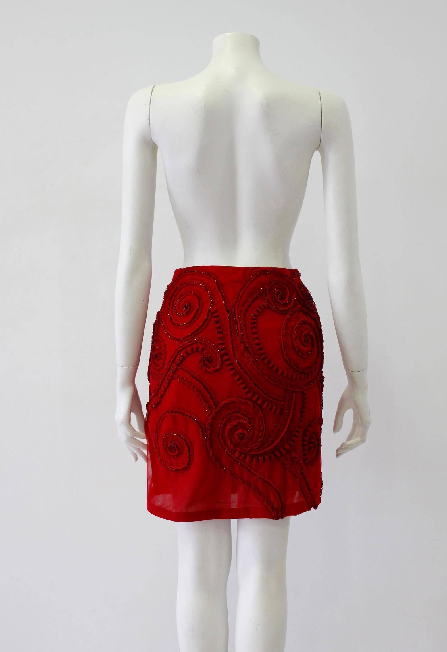 Red Unique Atelier Versace Hand Embroidered Silk Skirt 1990's For Sale