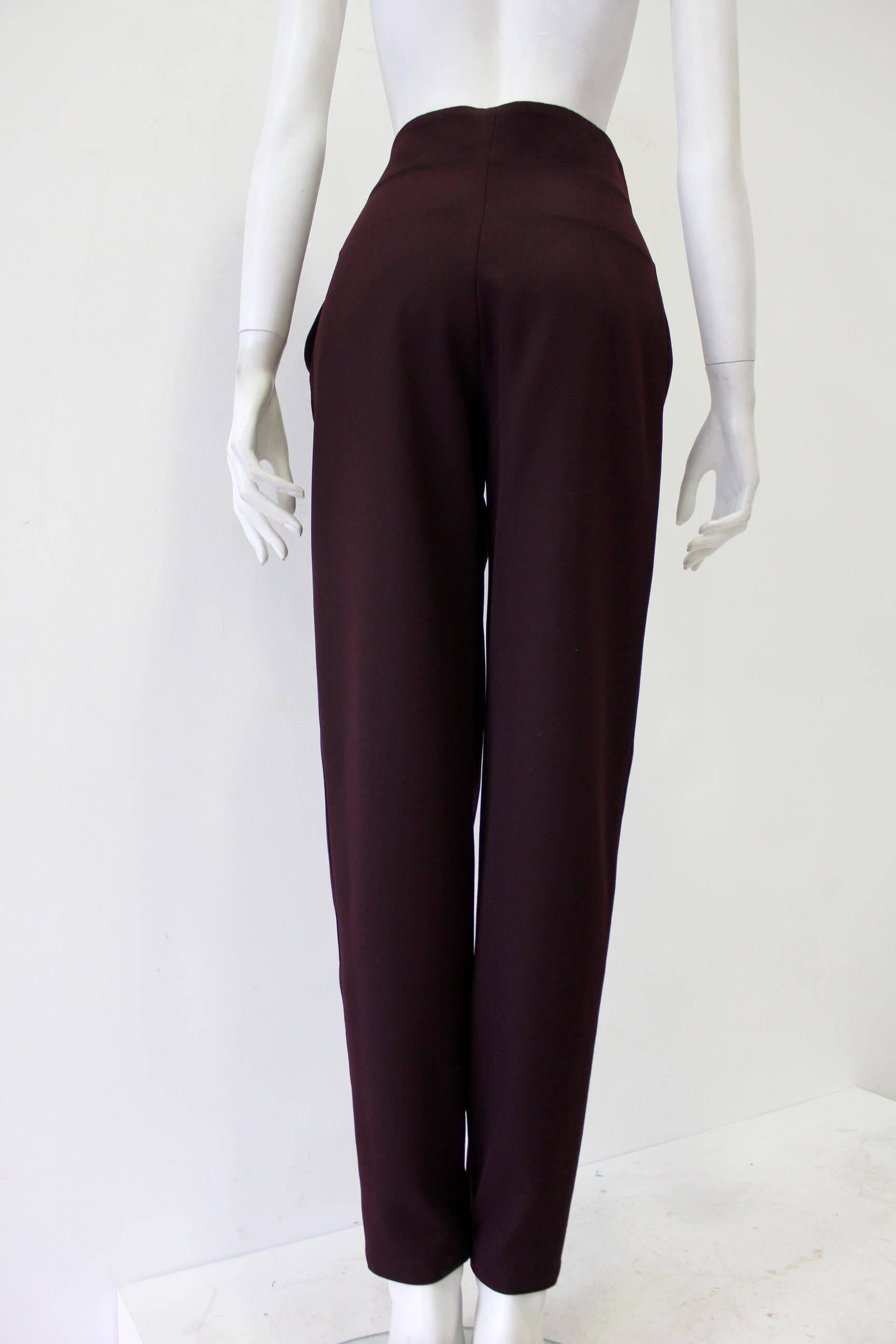 Exceptional Gianni Versace Burgundy Wool High Waisted Trousers Featuring An Abstract Black Embroidery Front And Zip Ankle.