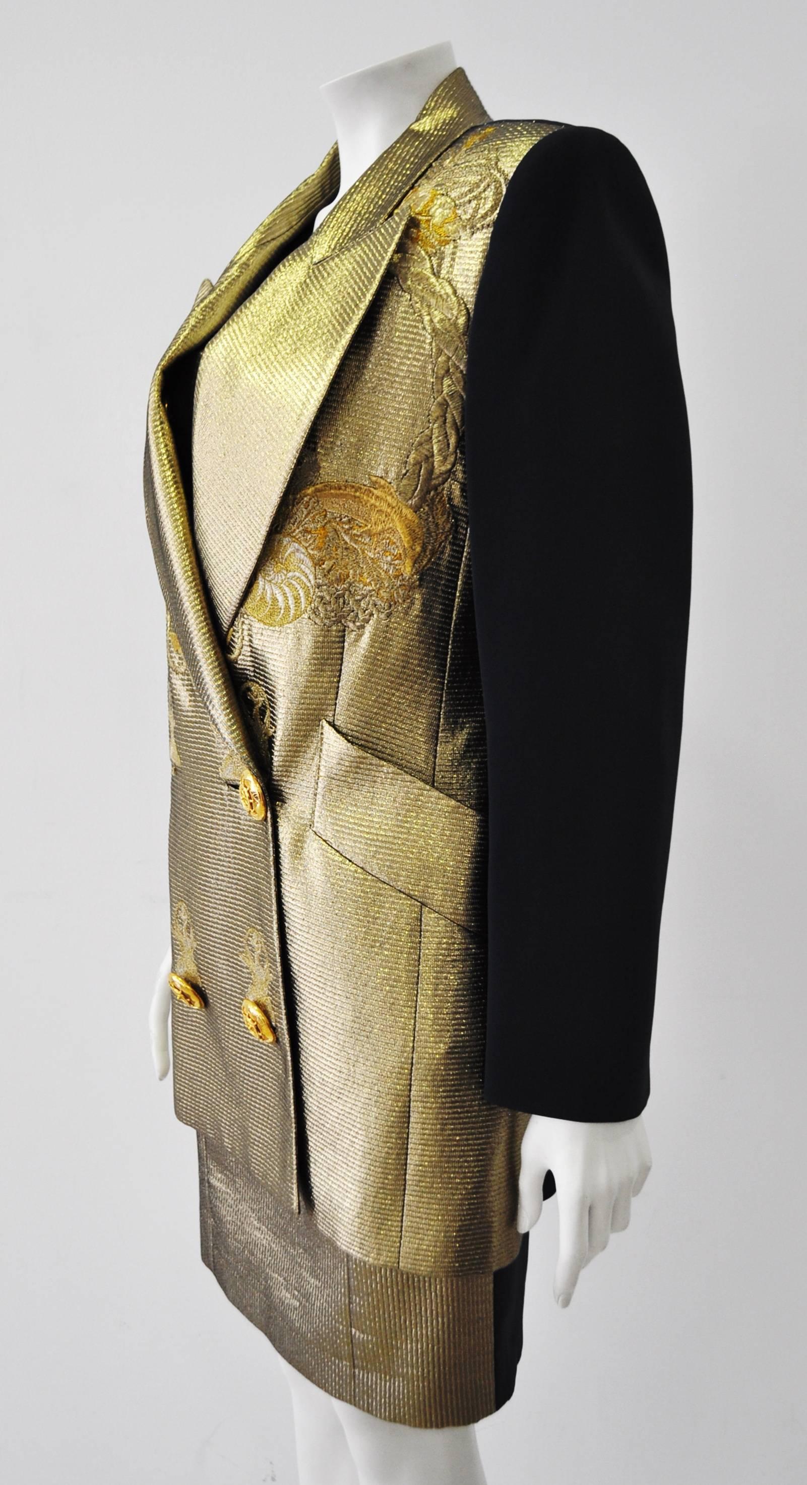 Unique Gianfranco Ferre Dress And Coat Ensemble 1990's. Gold Colour Has A Universality, It Is A Classic Addition To The Autumn And Winter Wardrobe.  An Outstanding Piece With Two Different Colours Gold In Front And Navy Blue Back Featuring Gold