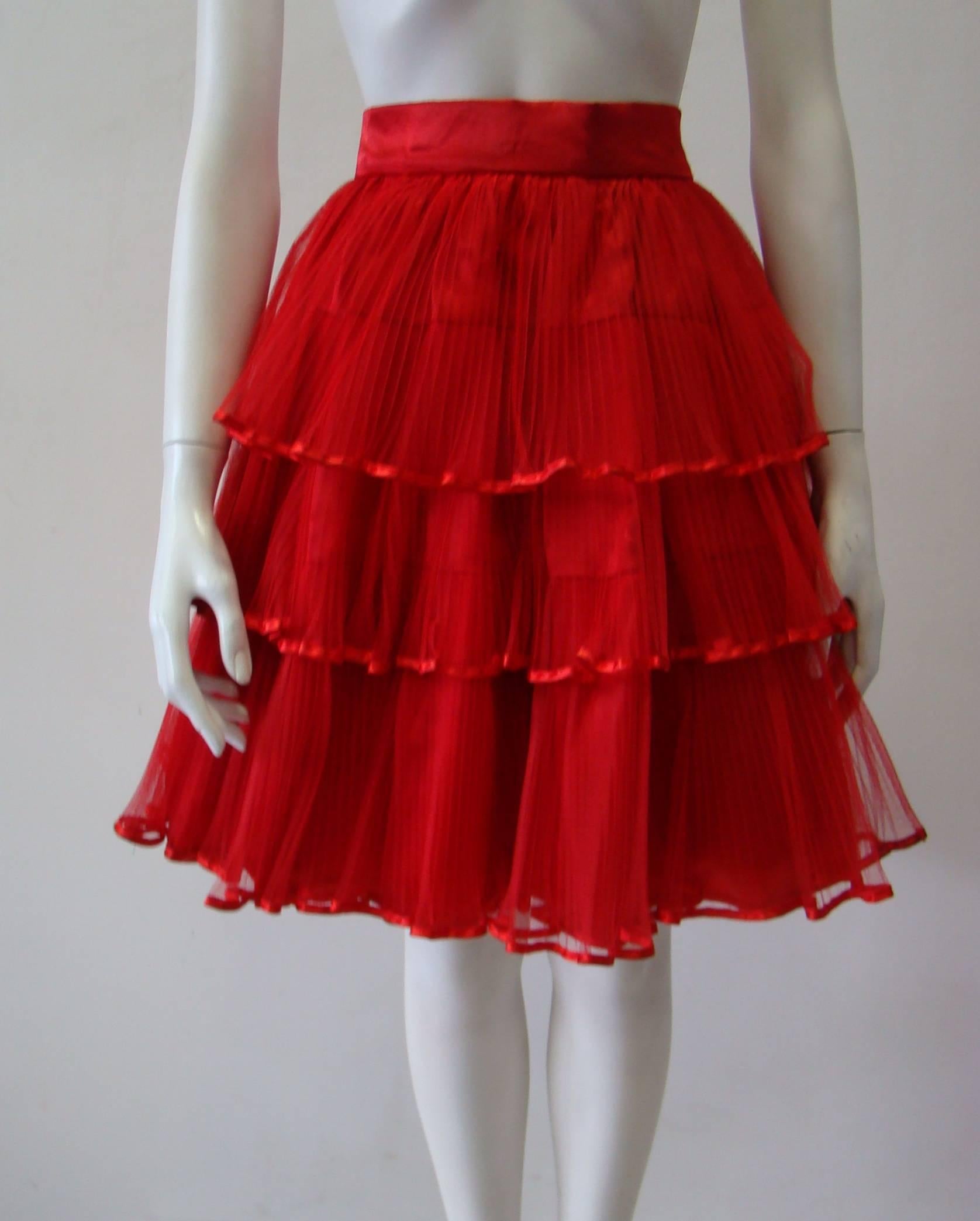 Red Rare Ella Singh Net Tiered Evening Skirt 1990's For Sale