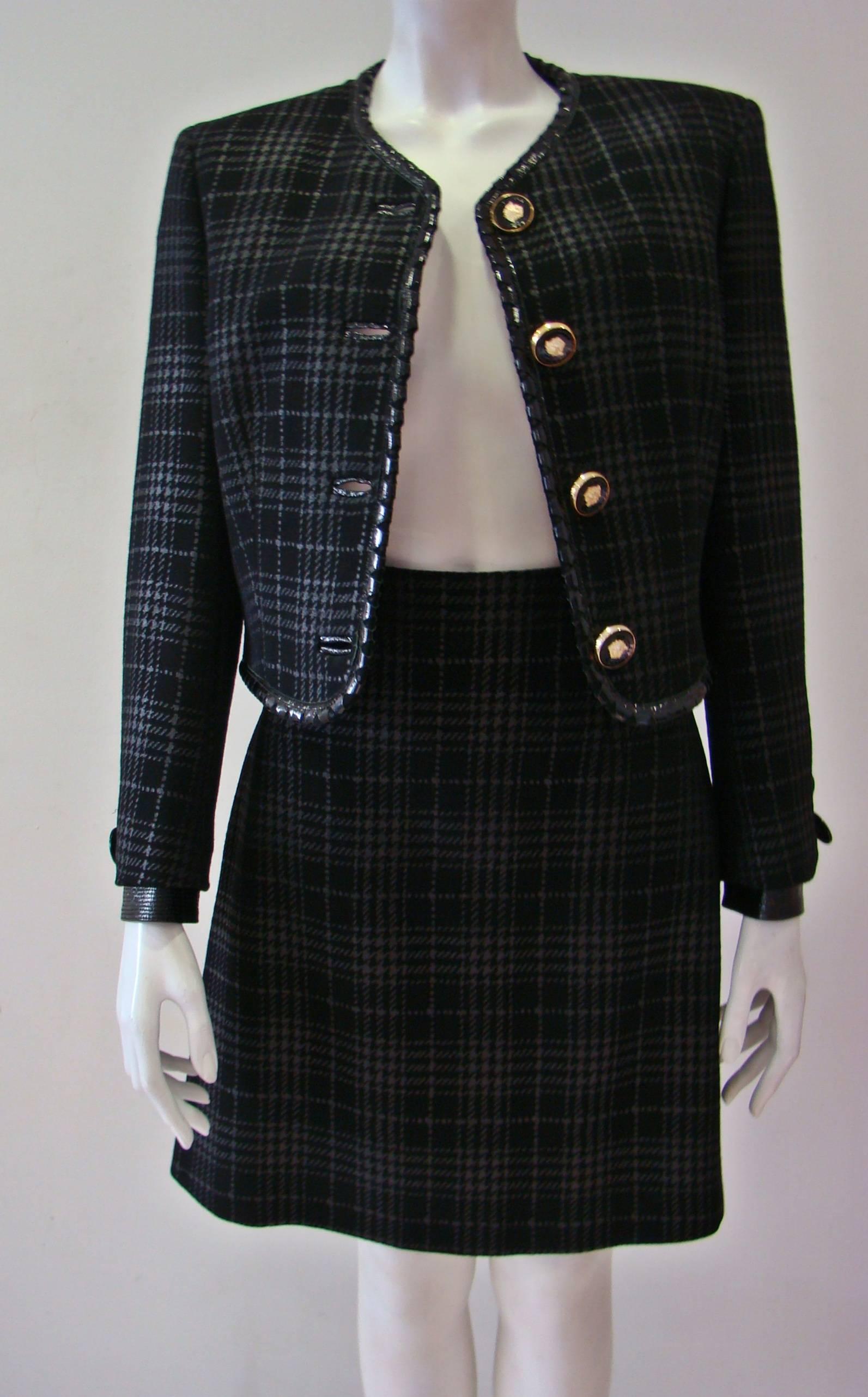 Black Gianni Versace Couture Metallic Checked Suit With Patent Leather Fall 1994 For Sale