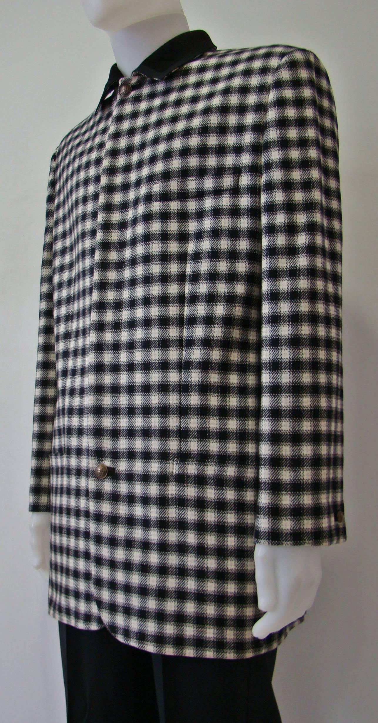 Gianni Versace Checked Jacket Bondage Collection Fall 1993. 100% Wool Jacket Featuring Two Small Medusa Button One In The Collar, One In The End And Two Unfunctional Buttons At Sleeves, With A Contrasting Classic Collar Created From Black Suede.