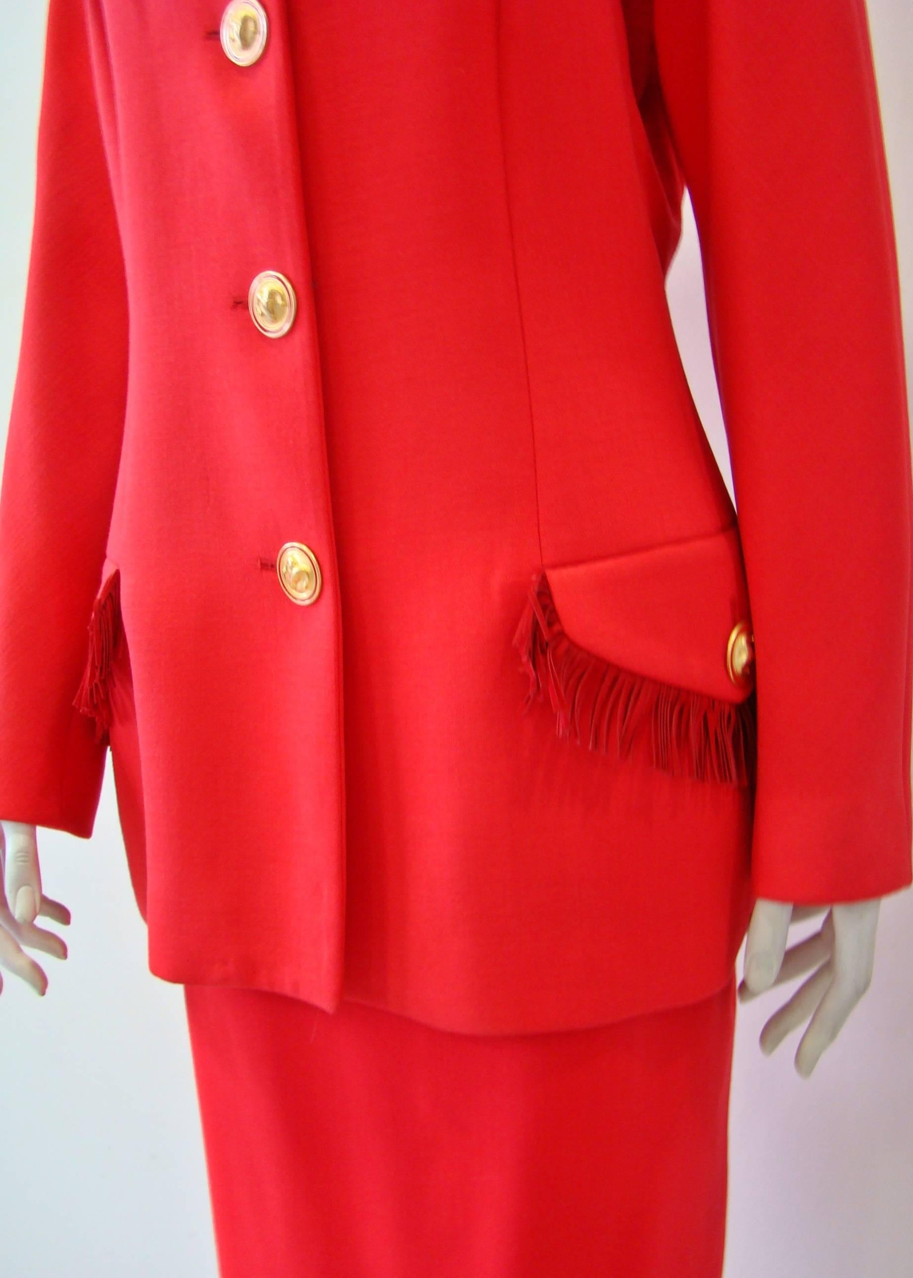 Red Istante By Gianni Versace Frinde Skirt Suit Fall 1992 For Sale