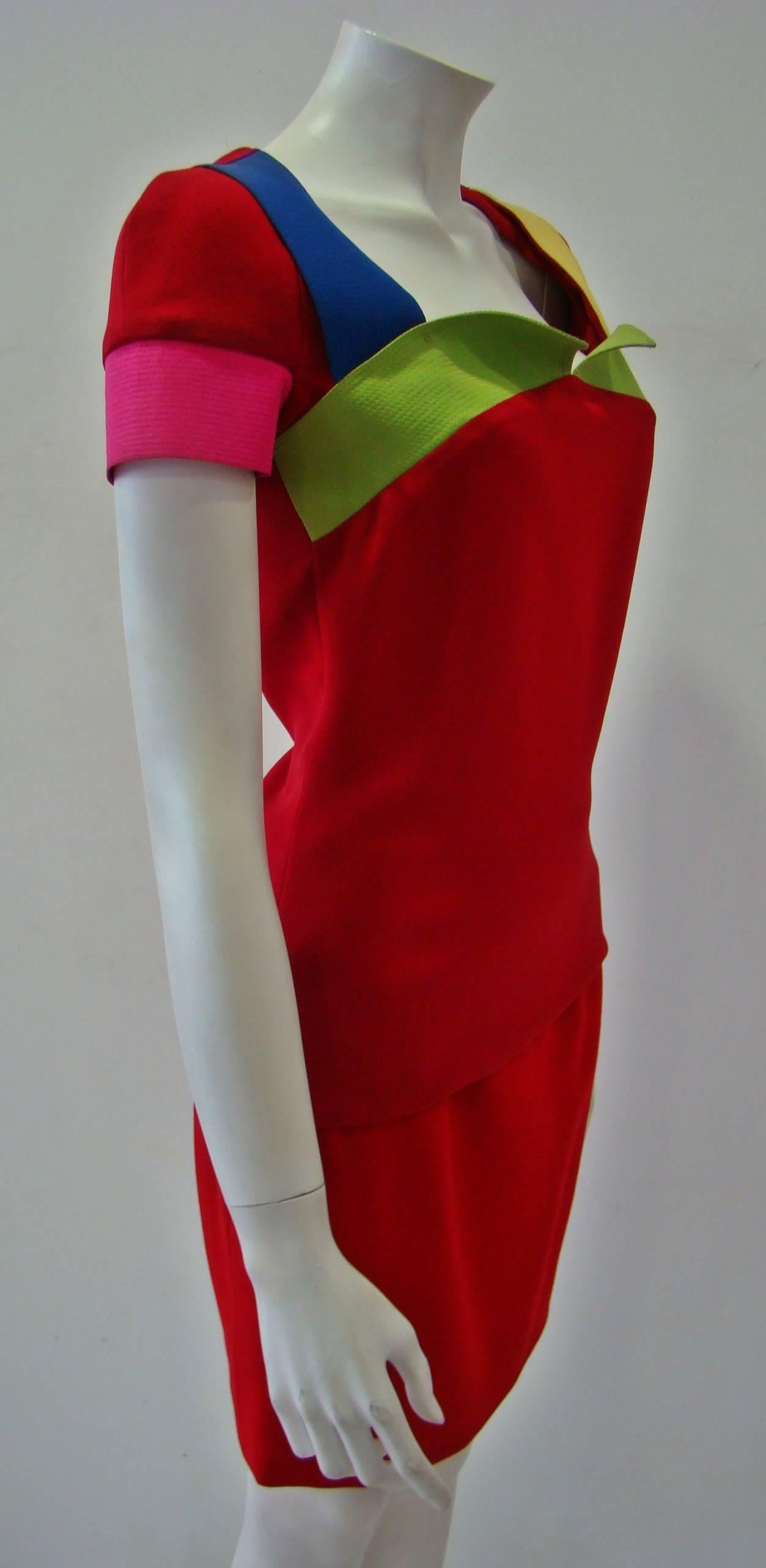 Red Rare Gianni Versace Couture Silk Tunic Color-Block Top Spring 1991 For Sale