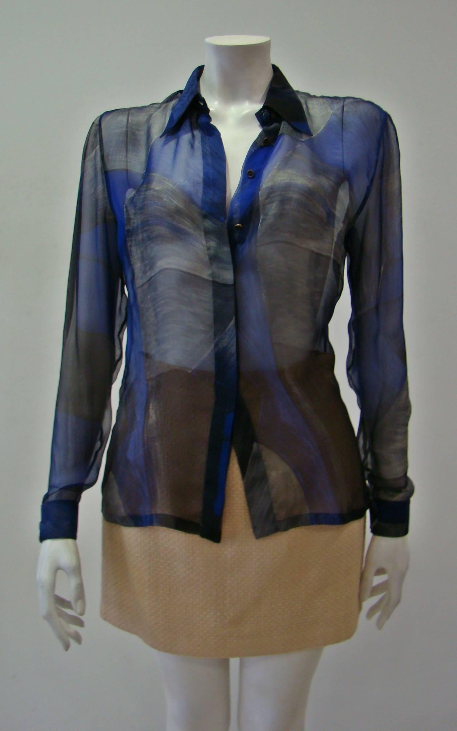 Rare Gianni Versace Couture Sheer Printed Shirt. 100% Silk Featuring A Normal Collar With Medusa Buttons In The Collar And Sleeves. The Shirt Has An Invisible Small Hole On The Left Arm.
