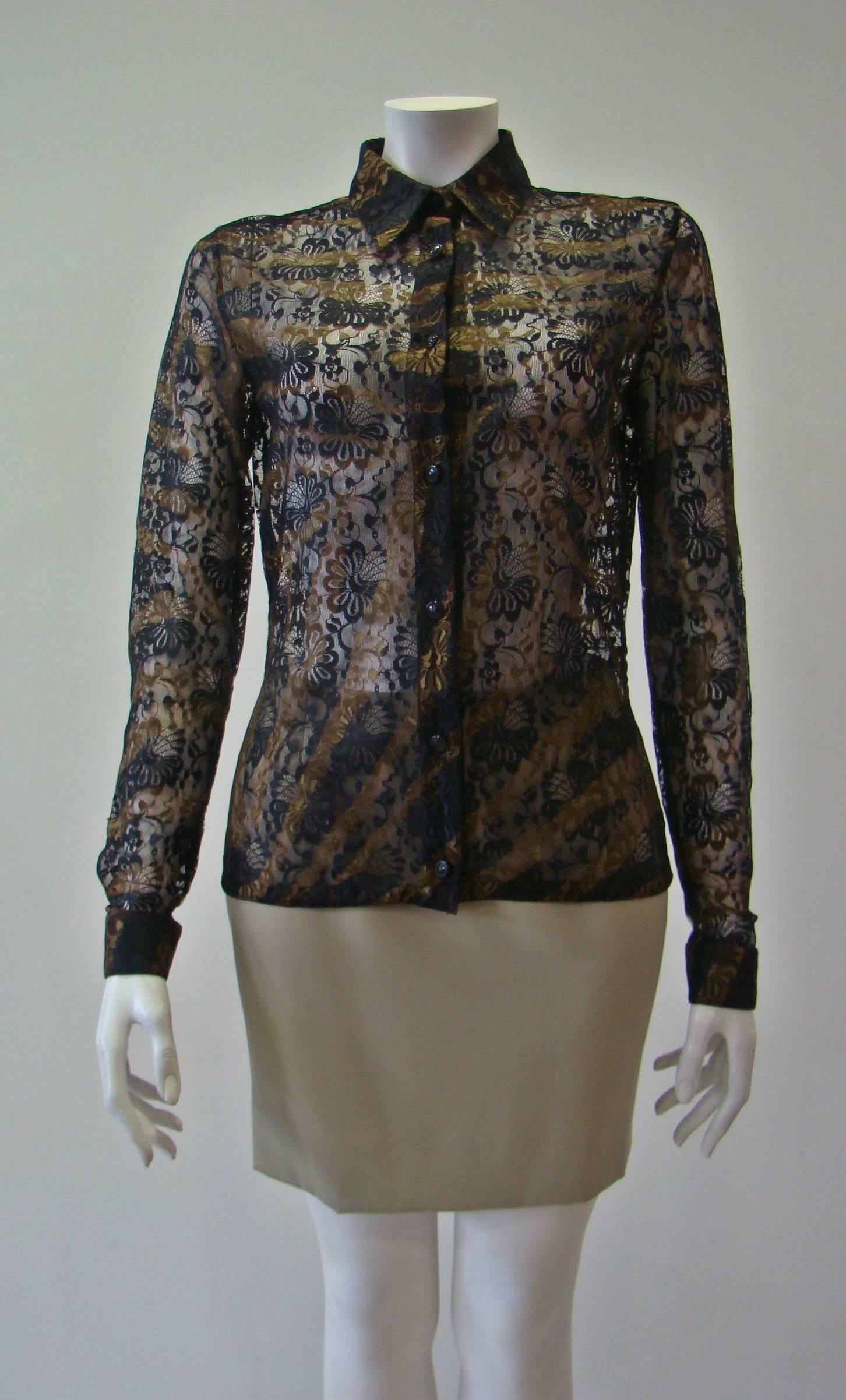 Istante By Gianni Versace Lace Sheer Printed Shirt Featuring Small Black Medusa Front Buttoning.