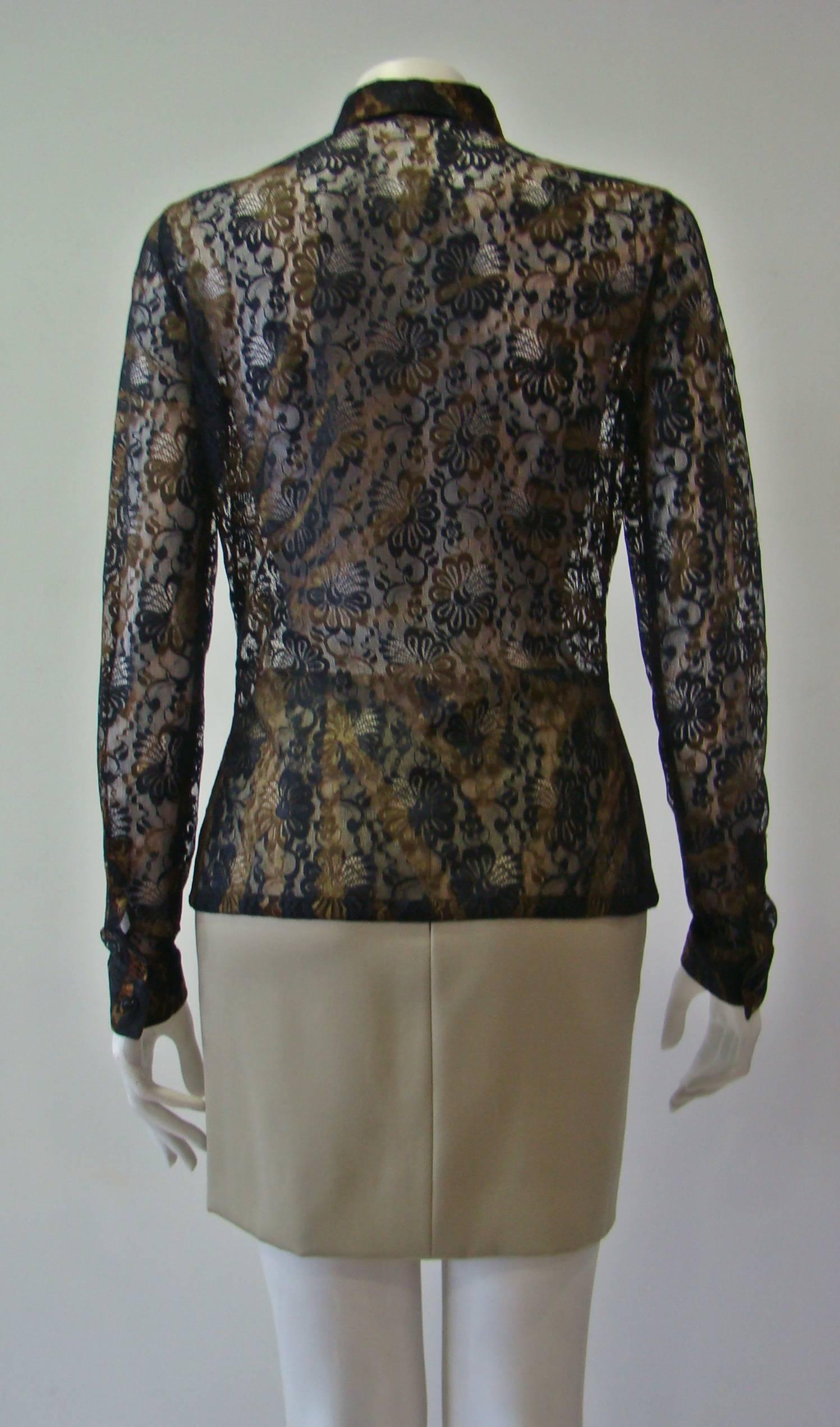 Black Istante By Gianni Versace Lace Sheer Printed Shirt For Sale