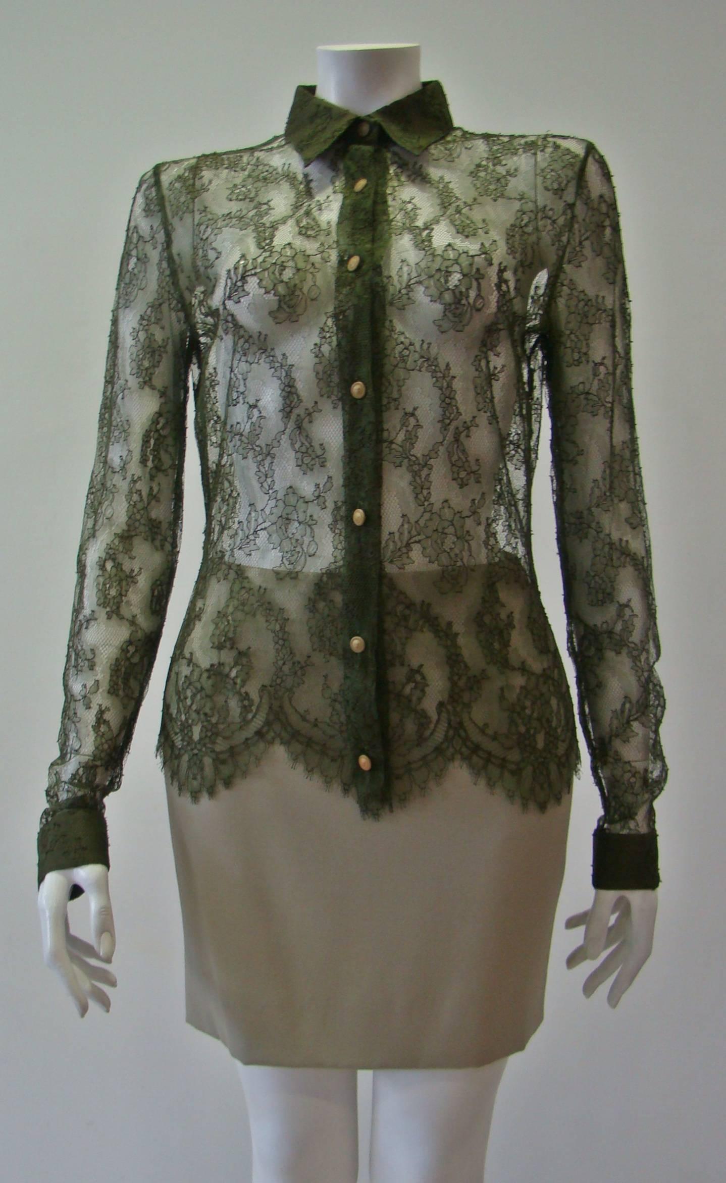 Istante By Gianni Versace Lace Sheer Shirt Featuring A Pointed Collar, Small Medusa Front Buttoning And Cuffs Buttoning.