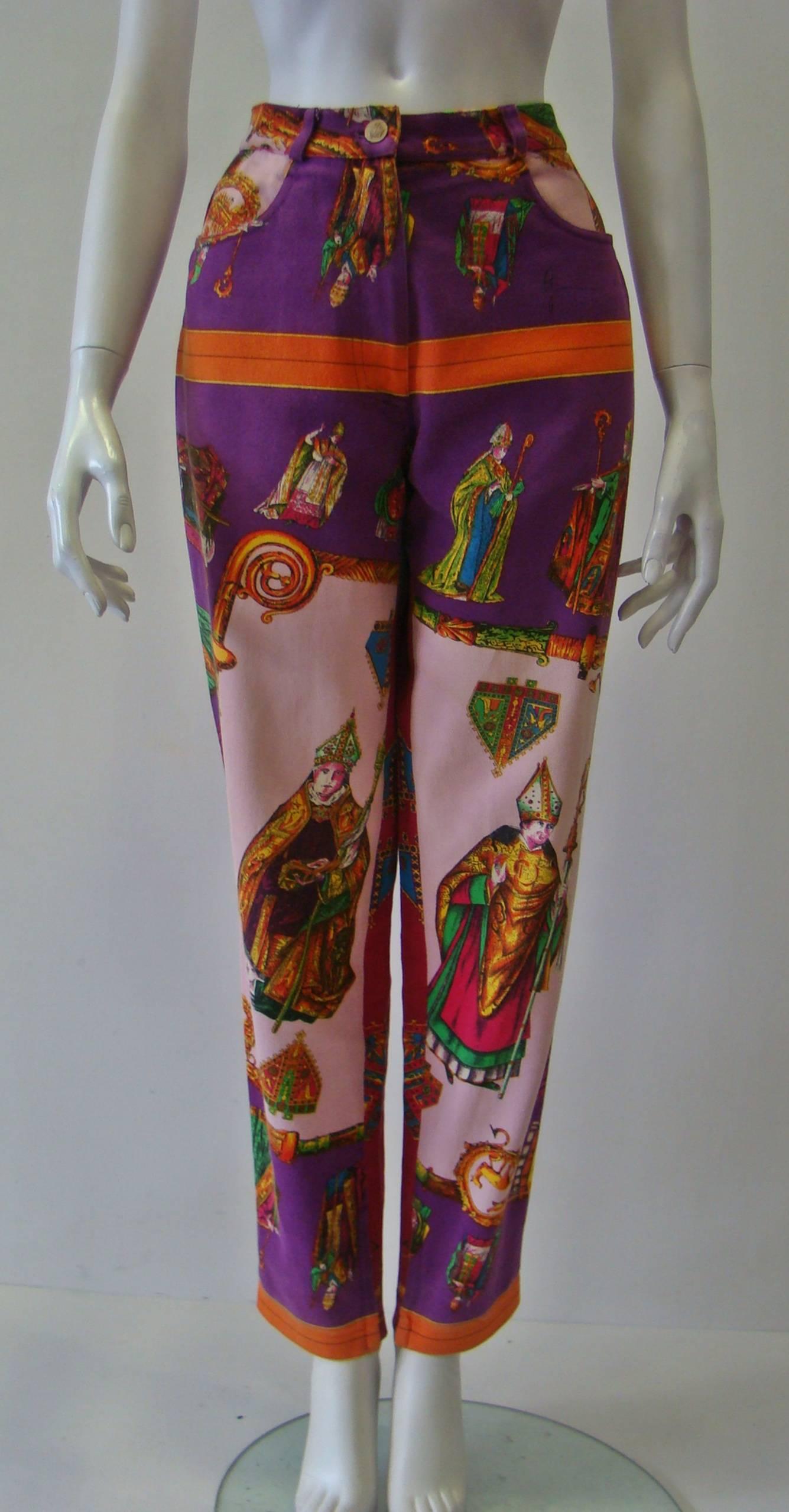 Brown Gianni Versace Couture Pope Printed Jeans Fall 1991 For Sale
