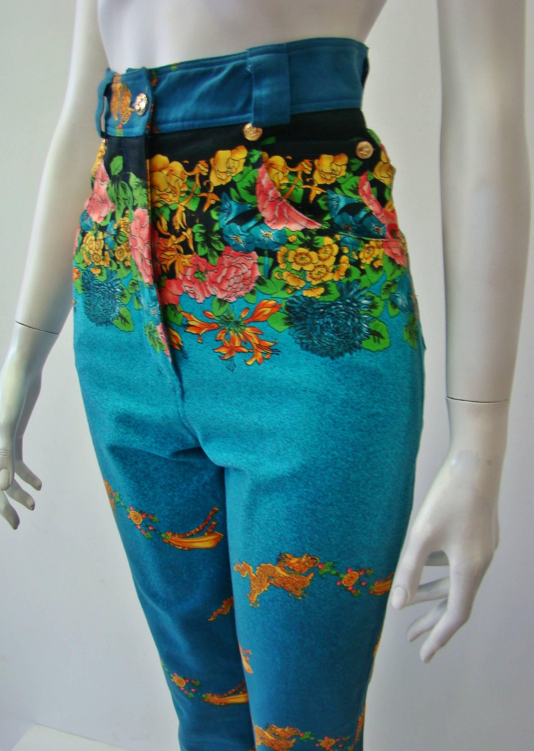 Blue Istante By Gianni Versace Printed High Waisted Jeans For Sale