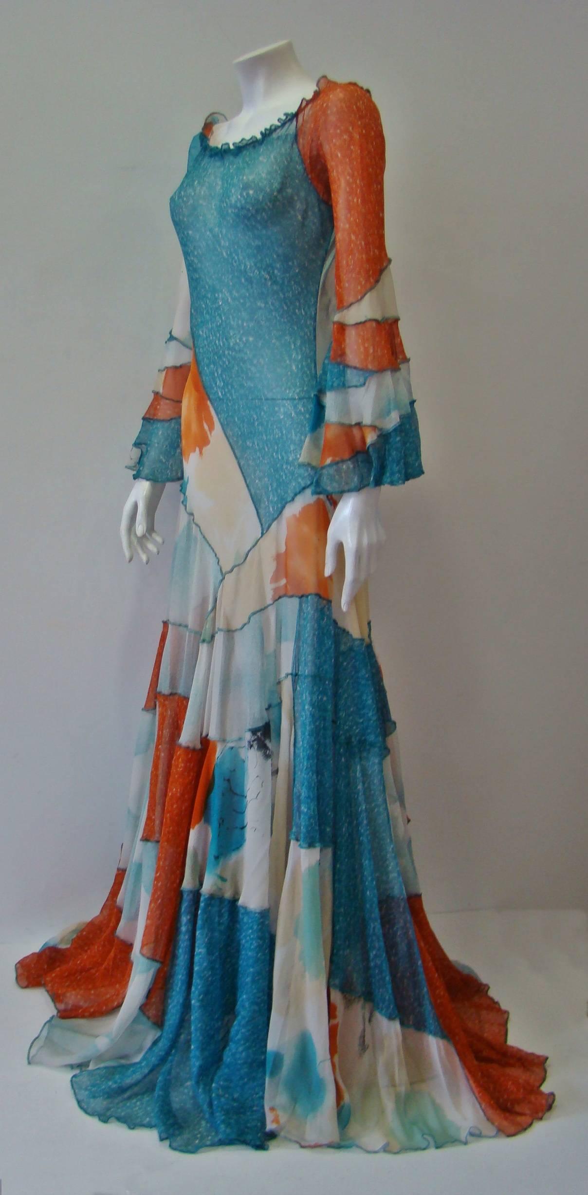 Rare Angelo Tarlazzi Sheer Silk Panelled Evening Gown 1990's In Excellent Condition For Sale In Athens, Agia Paraskevi