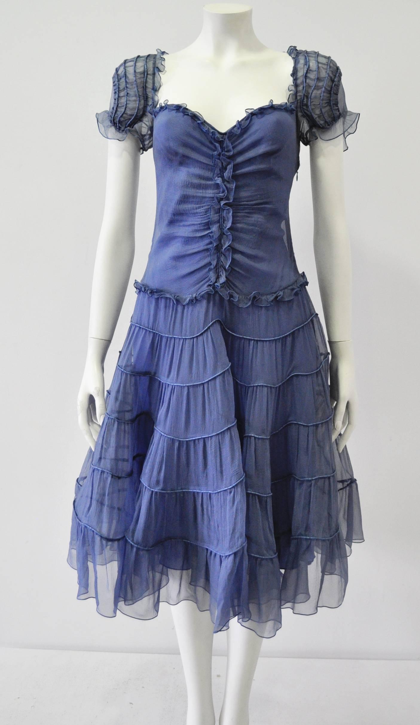 Blue Moschino Sheer Silk Chiffon Gypsy Dress 1990's For Sale