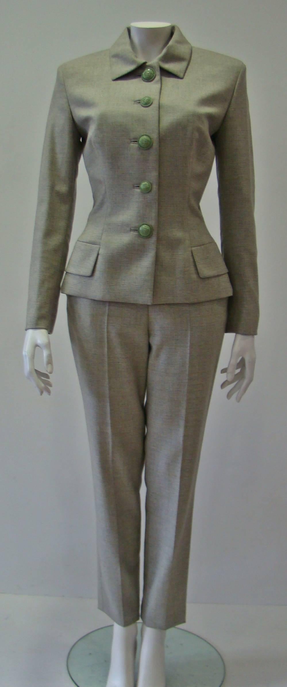 Gianni Versace Mint Green Prens De Gal Pants Suit. 100%Wool Jacket Featuring A Normal Collar, Two Front Flap Pockets, Green Medusa Front Buttoning, And Two Unfuctional Buttons At Cuffs. Combined With Trousers Featuring Two Welt Pockets, Back Zip