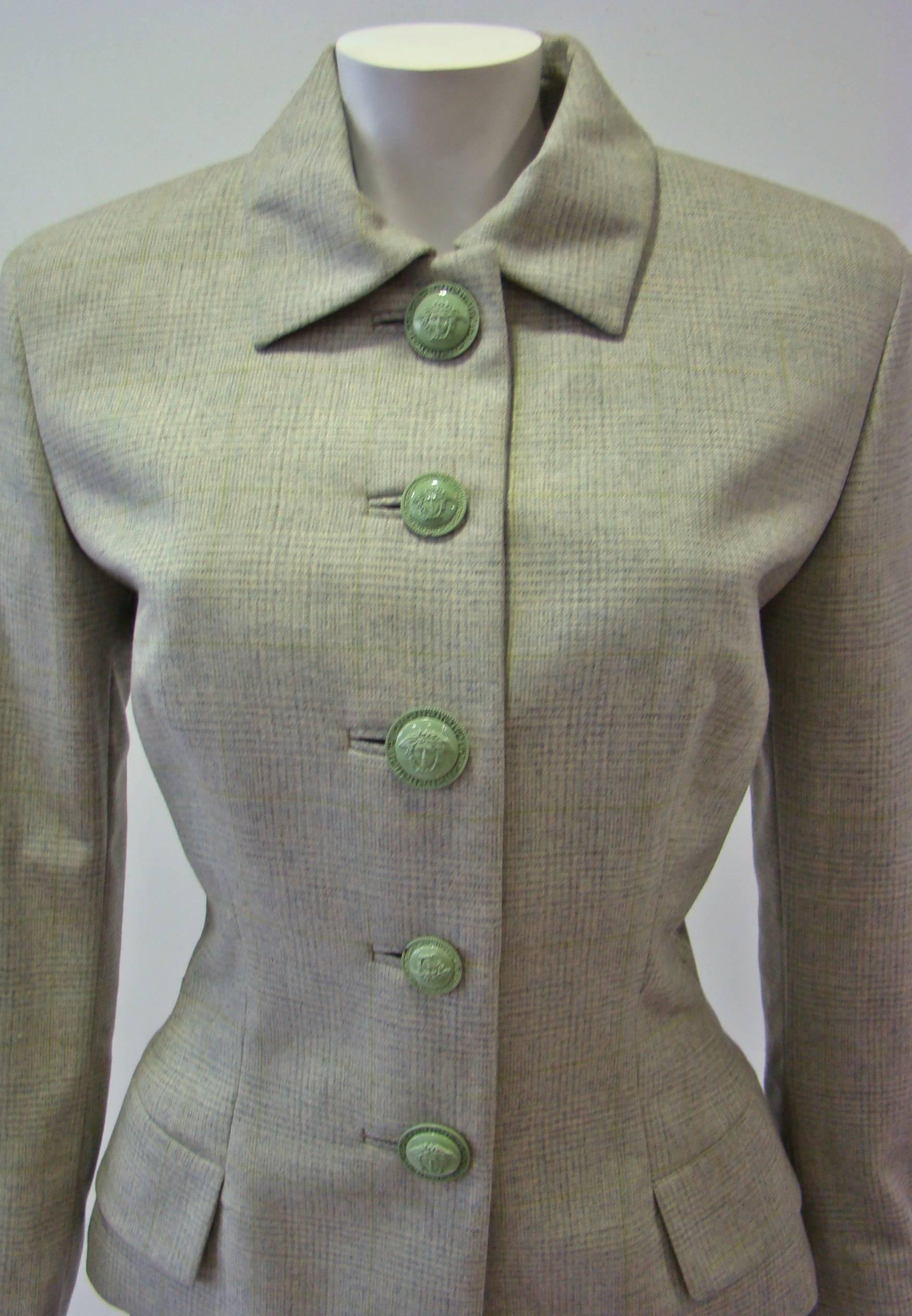 Gray Gianni Versace Mint Green Prens De Gal Wool Pants Suit For Sale