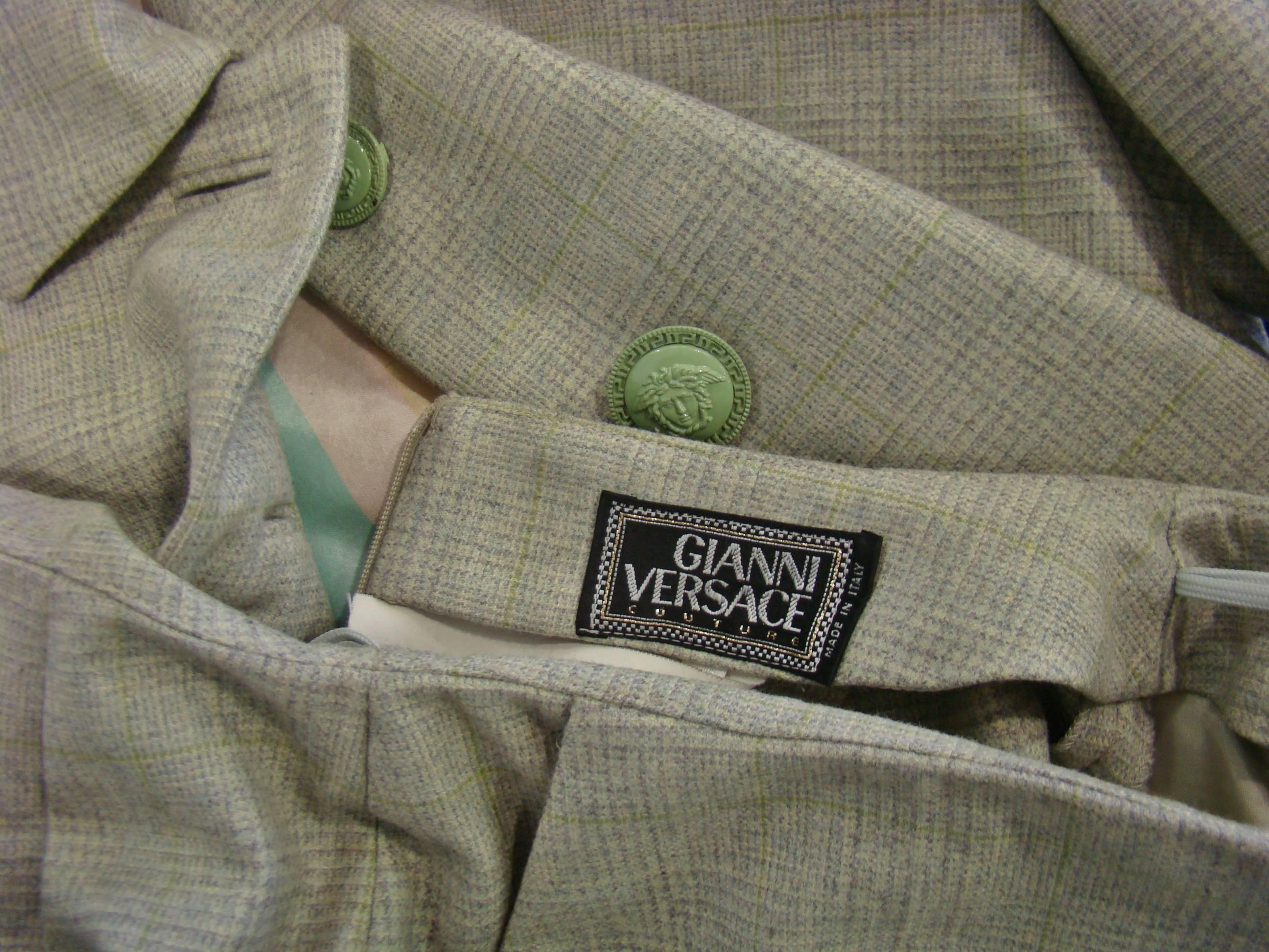 Gianni Versace Mint Green Prens De Gal Wool Pants Suit For Sale 2