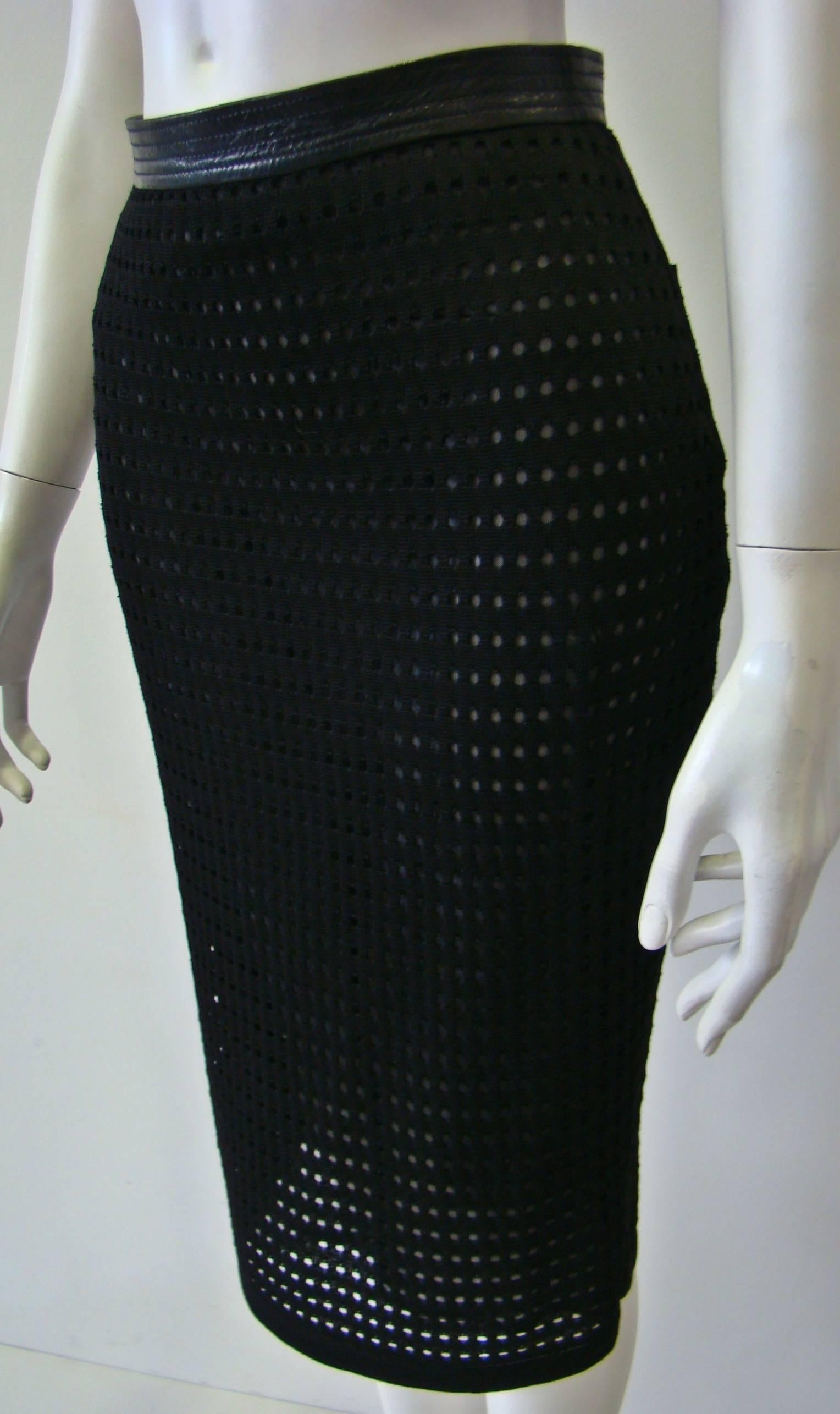 Black Gianfranco Ferre Perforated Skirt With Leather Waistband 1990's For Sale