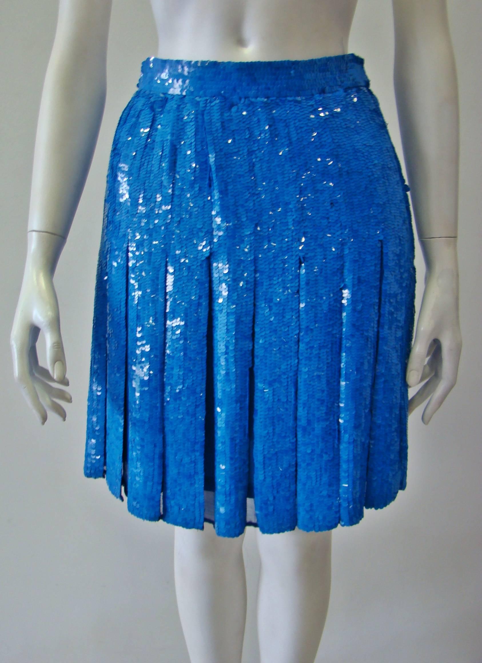 Blue Rare Ella Singh Silk Sequin Pleated Skirt 1990's For Sale