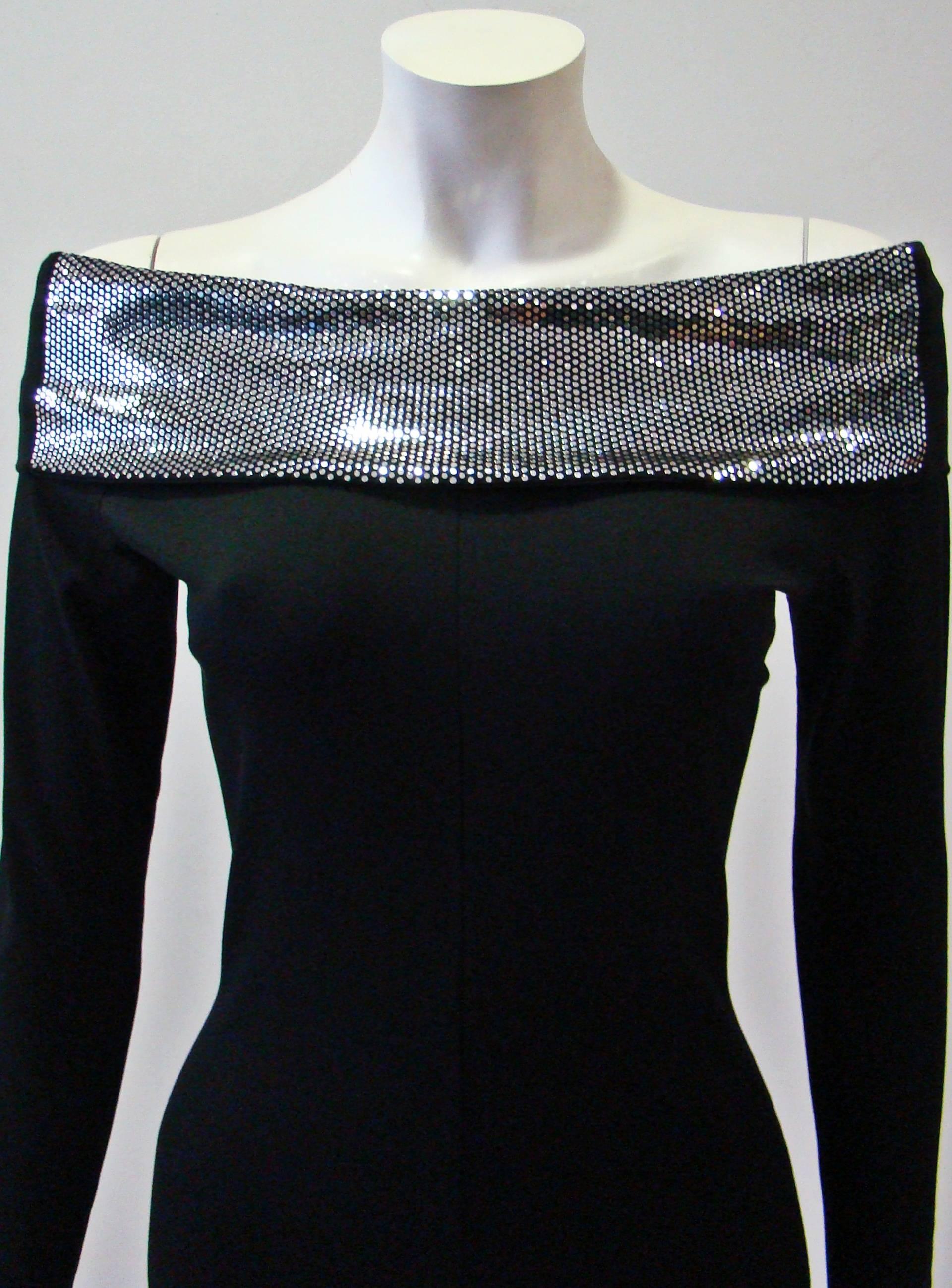 Black Very Rare Paco Rabanne Stretch Off Shoulder Jumpsuit 1970's For Sale