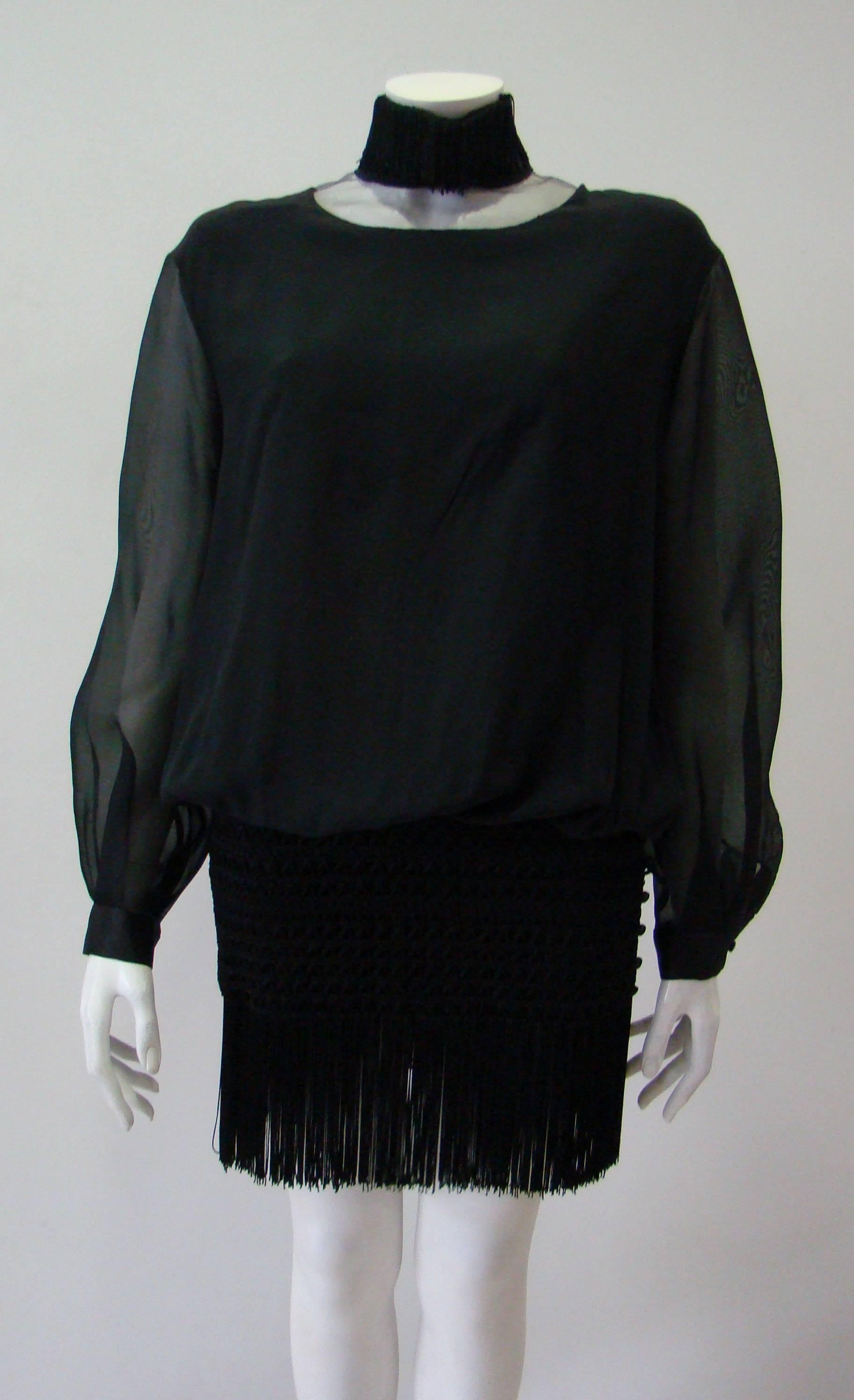 Black Gianfranco Ferre Fringed Silk Cocktail Dress 1990's For Sale