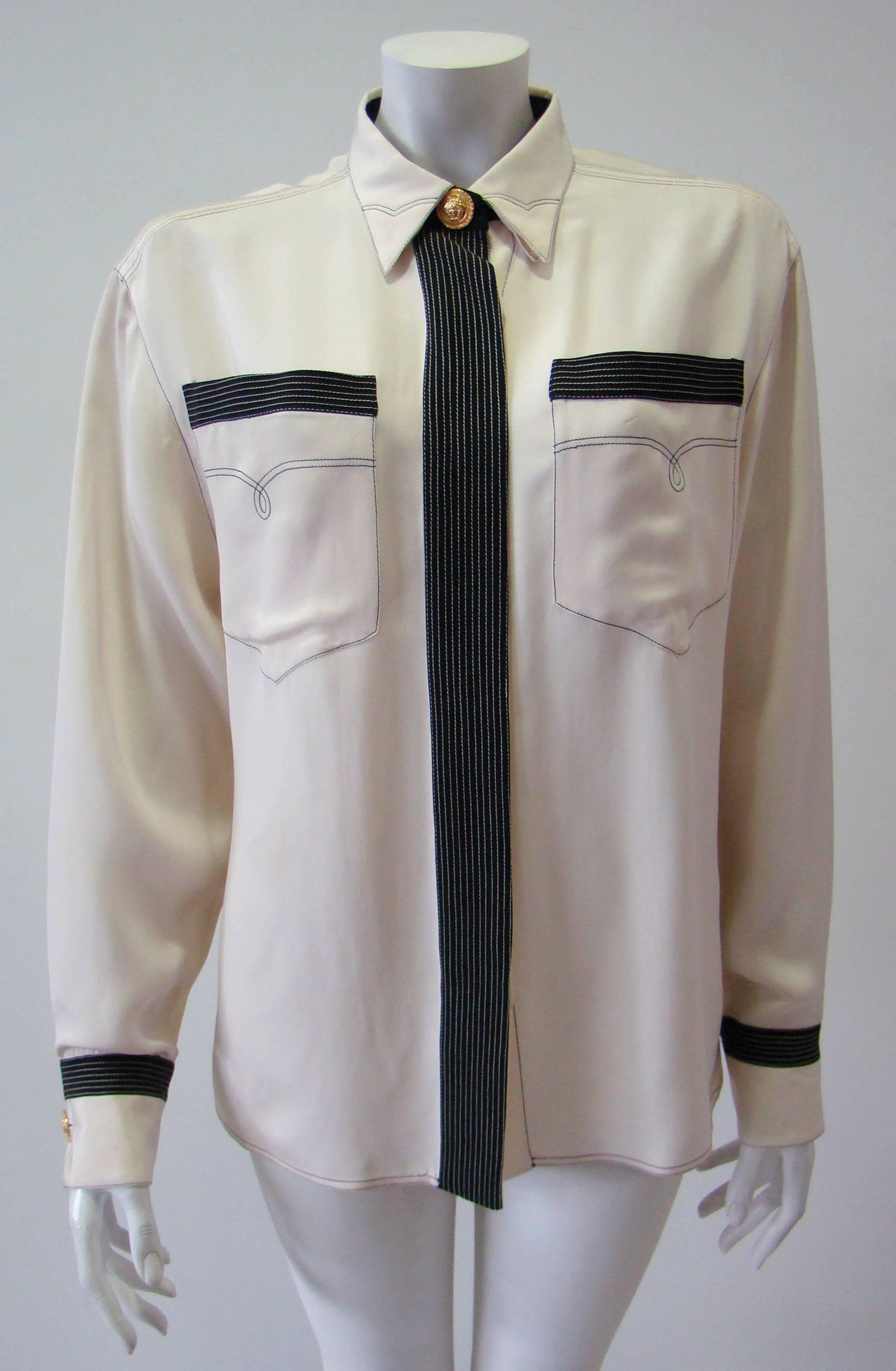 Gianni Versace Couture Creme Crepe De Chine Shirt With 3  Gold Metalic Buttons On The Collar And On The Mancettes.