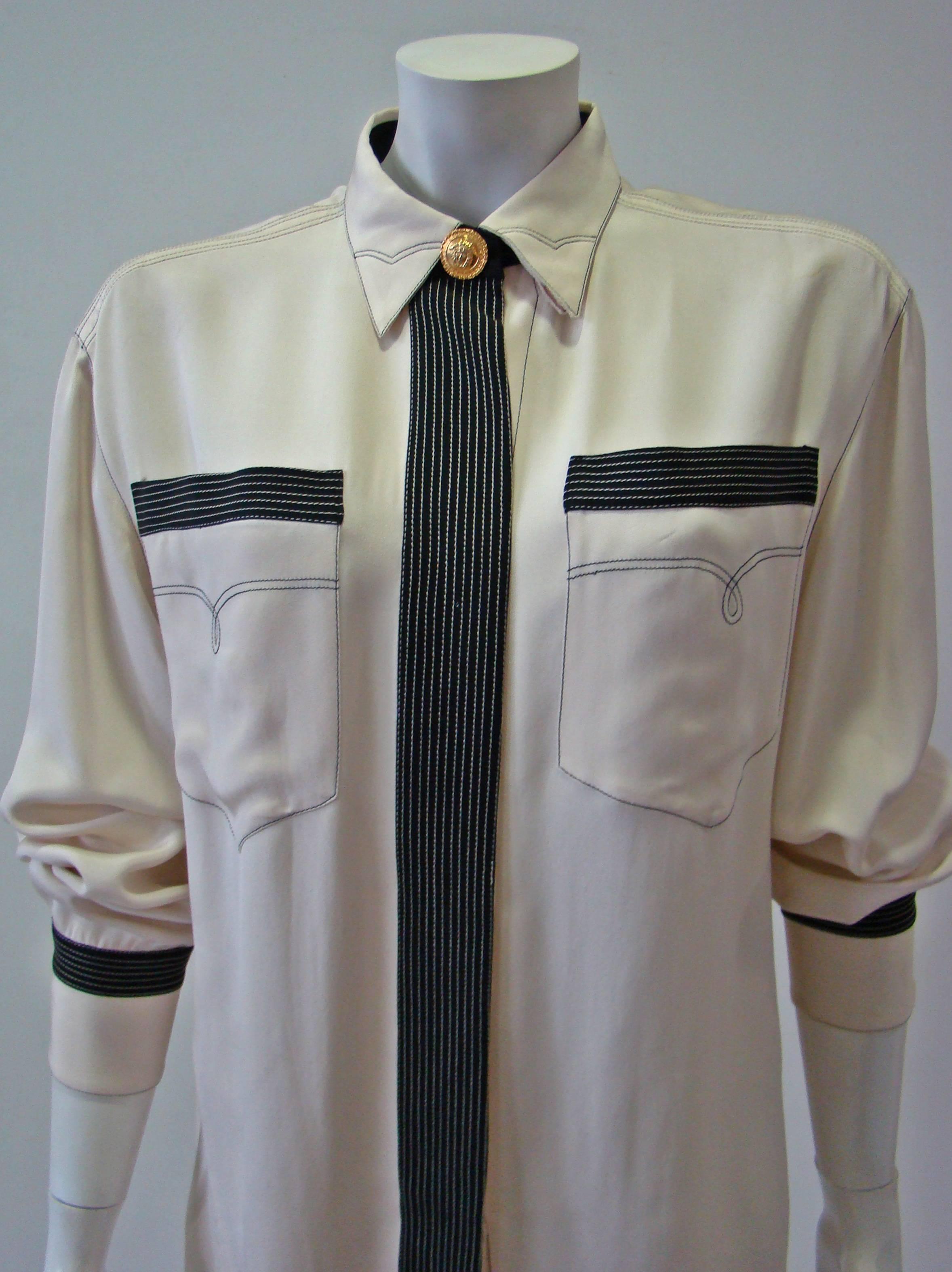 Gray Gianni Versace Couture Creme Silk Shirt For Sale