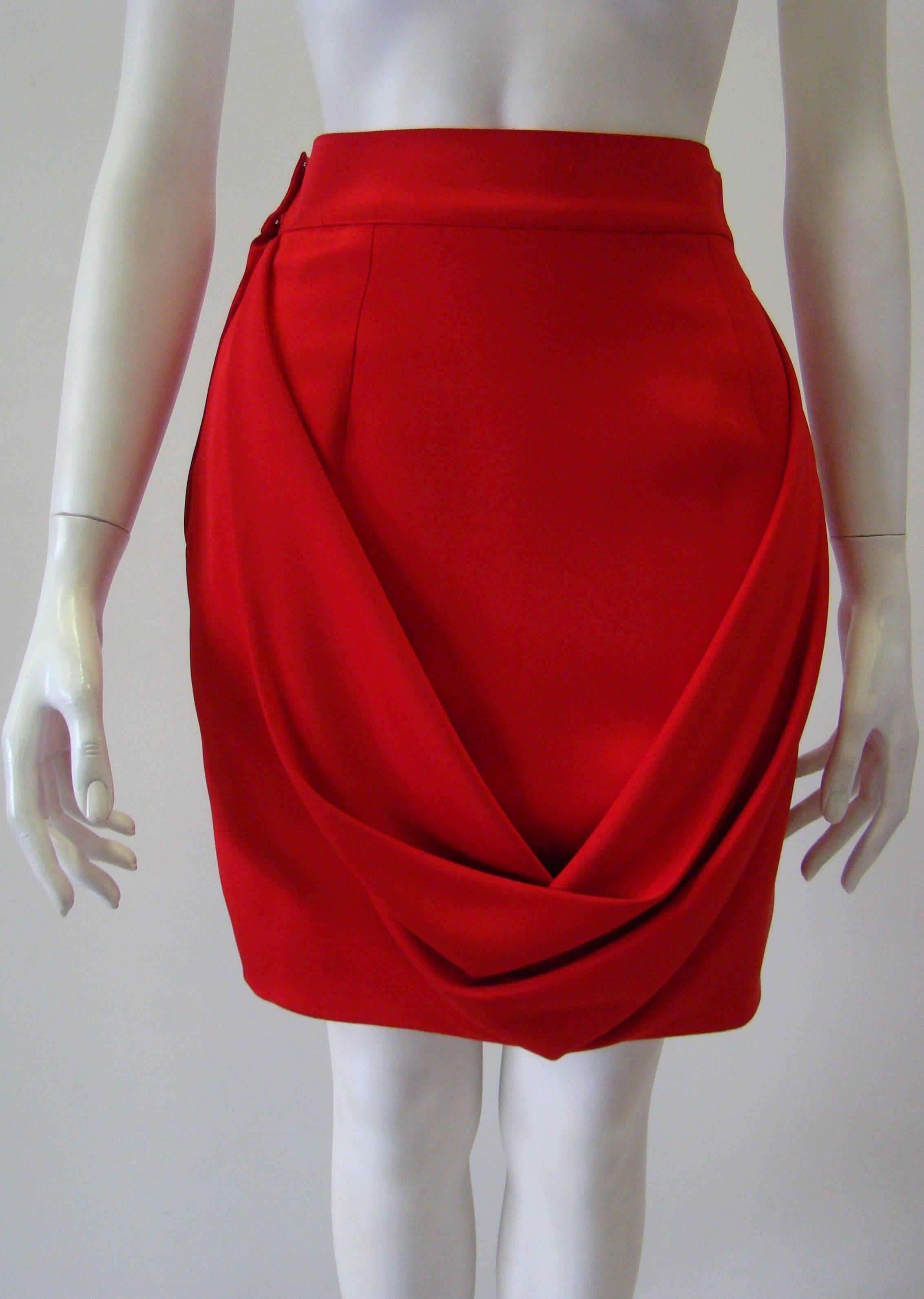 Red Unique Gianni Versace Draped Silk Skirt Fall 1990 For Sale