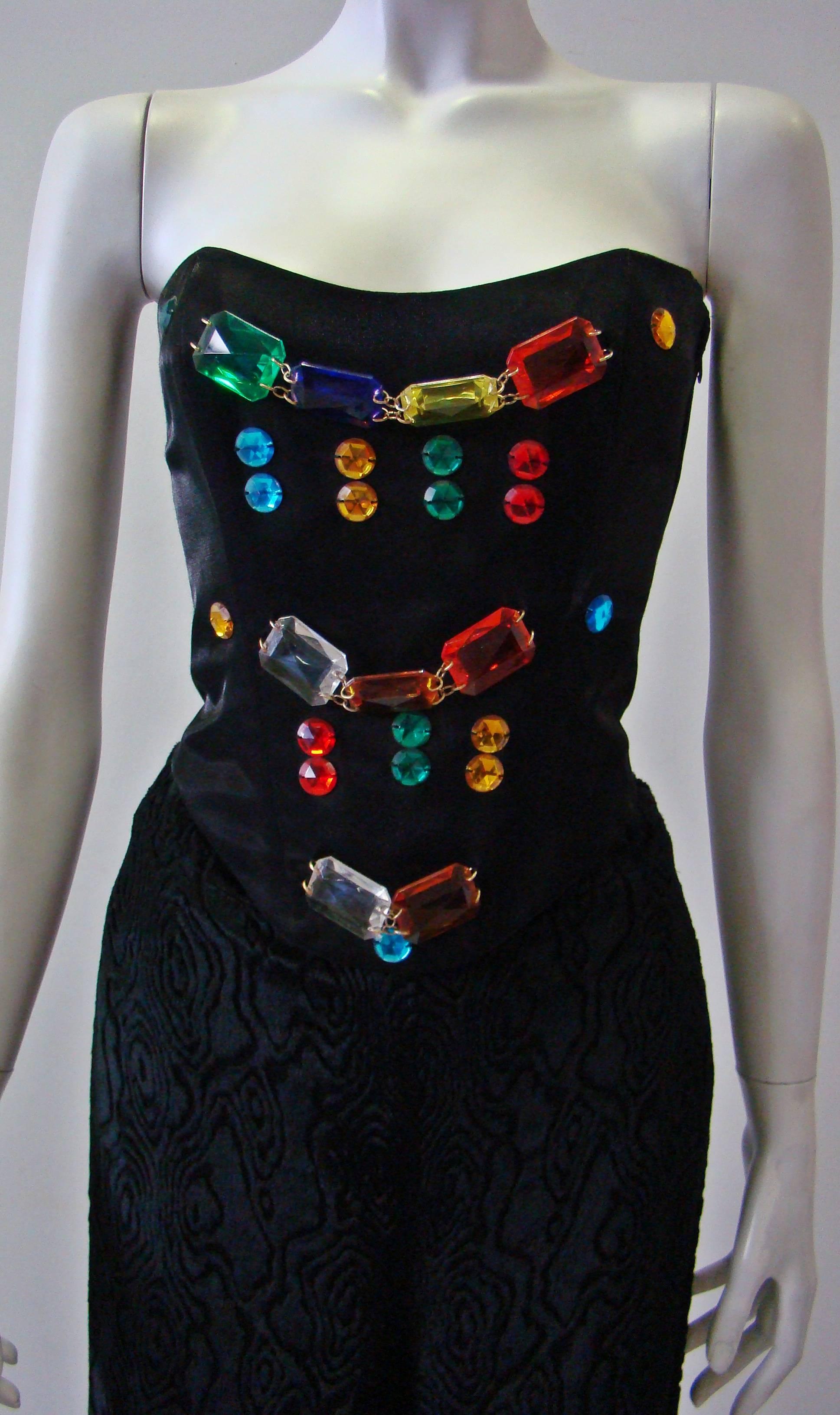 Black Rare Ella Singh Bustier Top With Multicolored Stones For Sale