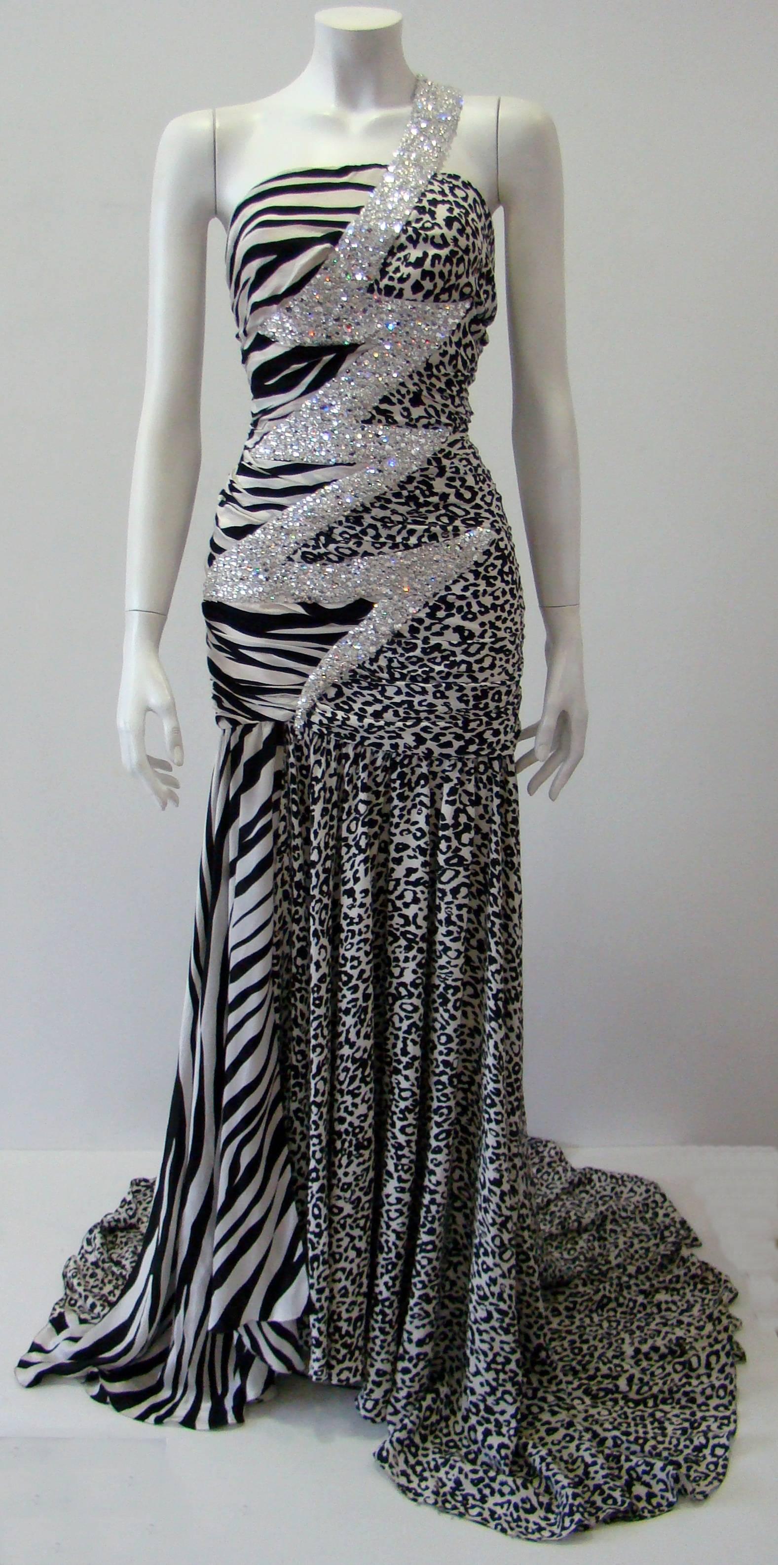 Pierre Balmain Leopard And Zebra Print Silk Evening Gown With Swarovski Crystal Beads.