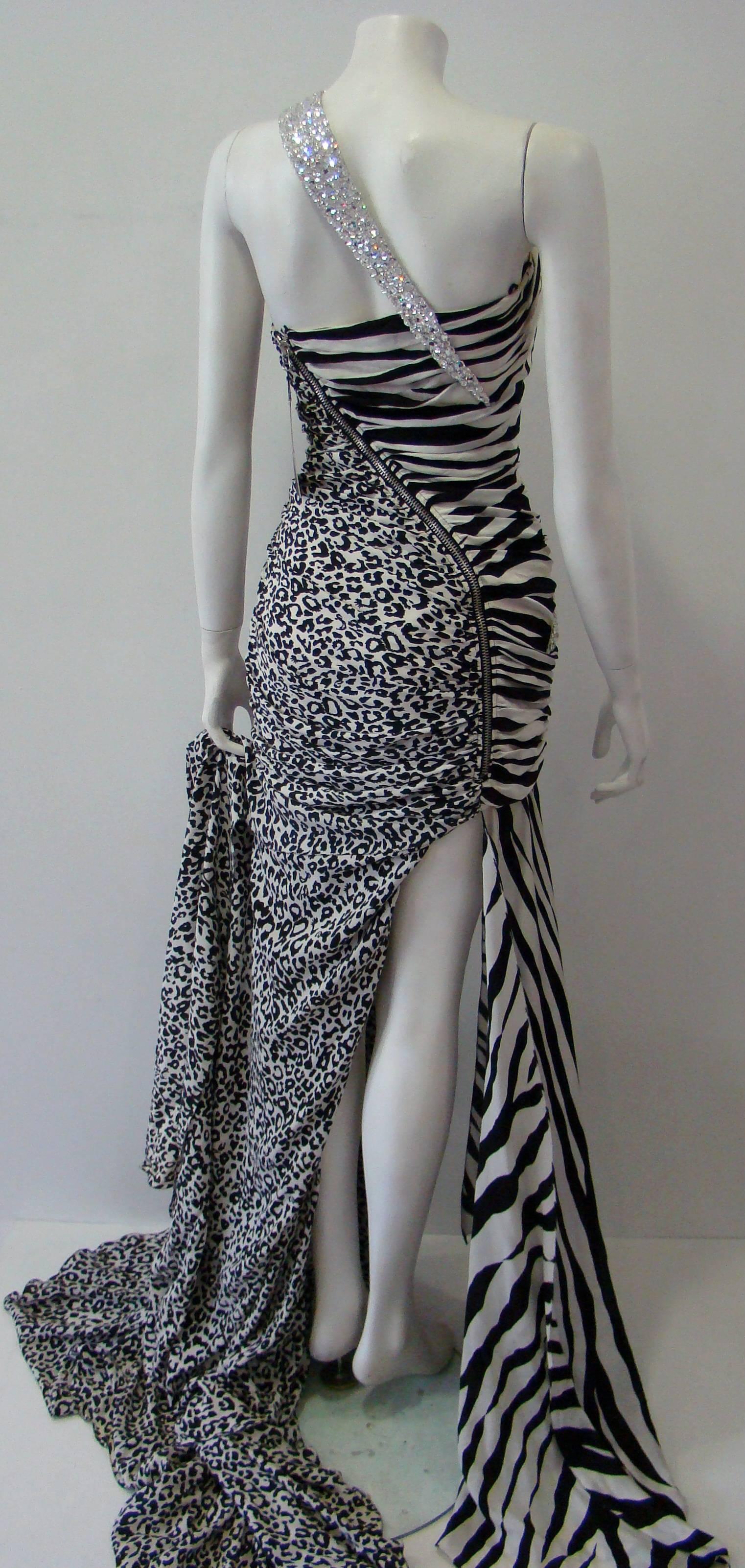 Black Pierre Balmain Leopard And Zebra Print Silk Evening Gown For Sale