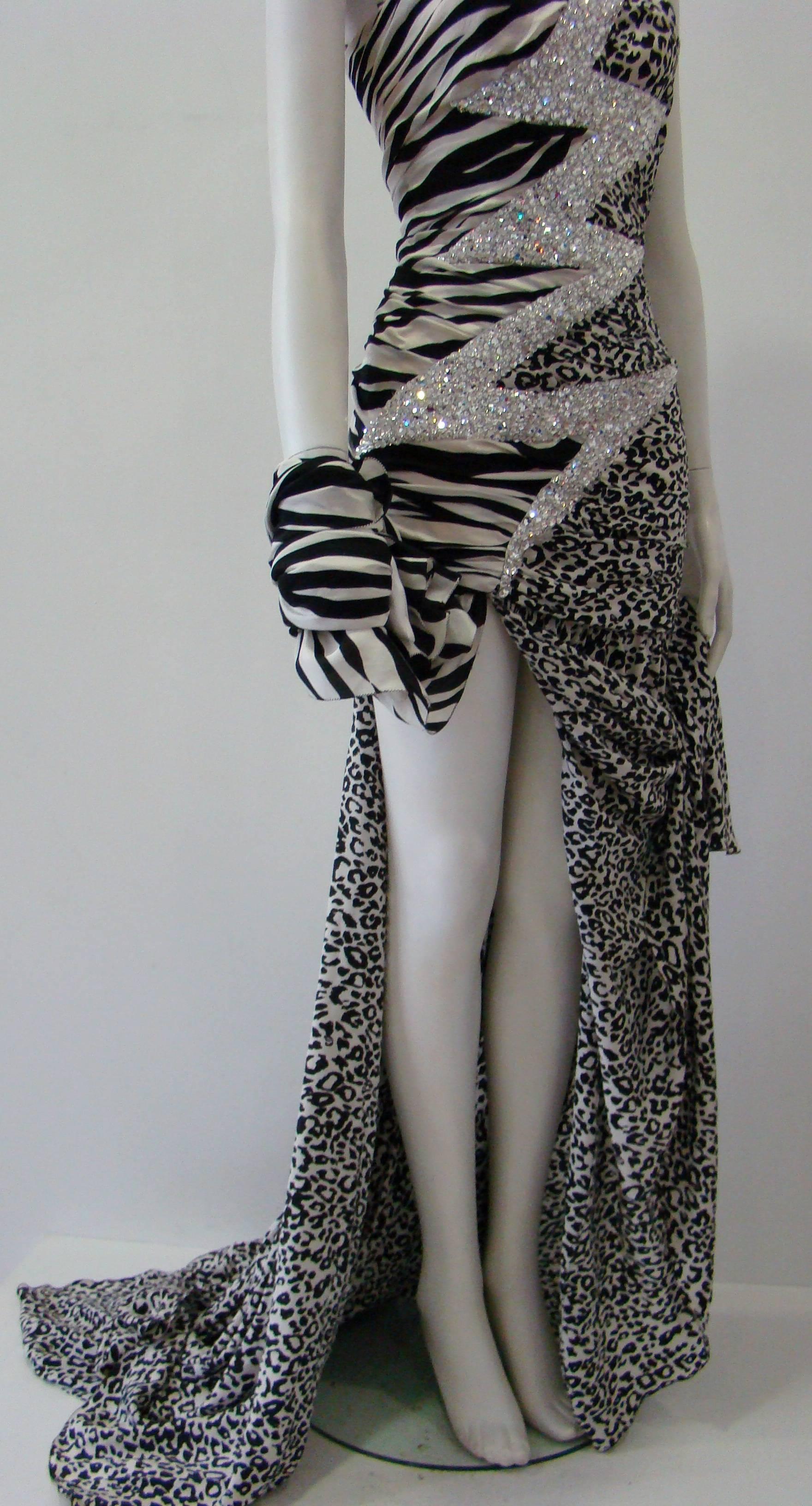 Pierre Balmain Leopard And Zebra Print Silk Evening Gown In Excellent Condition For Sale In Athens, Agia Paraskevi