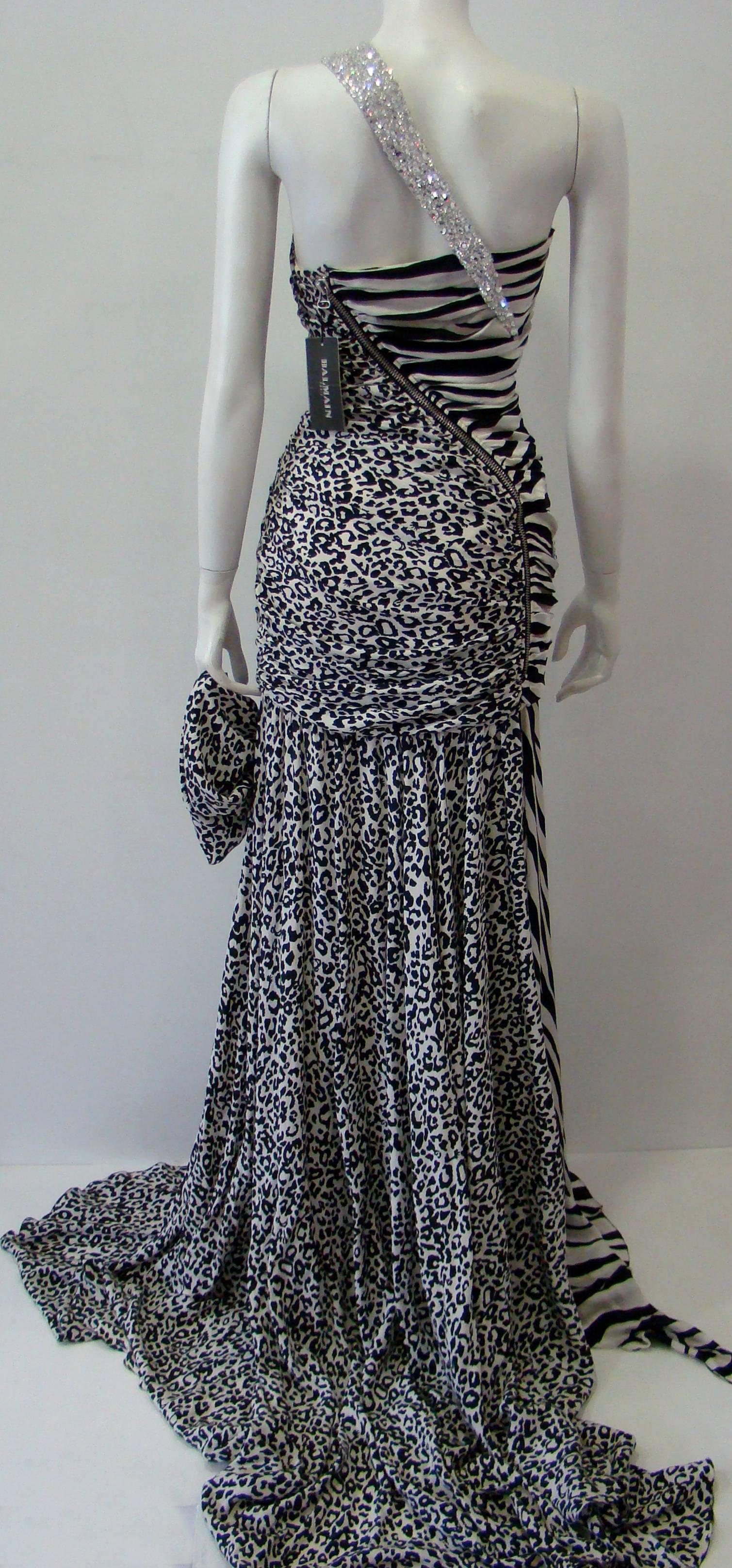 Women's Pierre Balmain Leopard And Zebra Print Silk Evening Gown For Sale