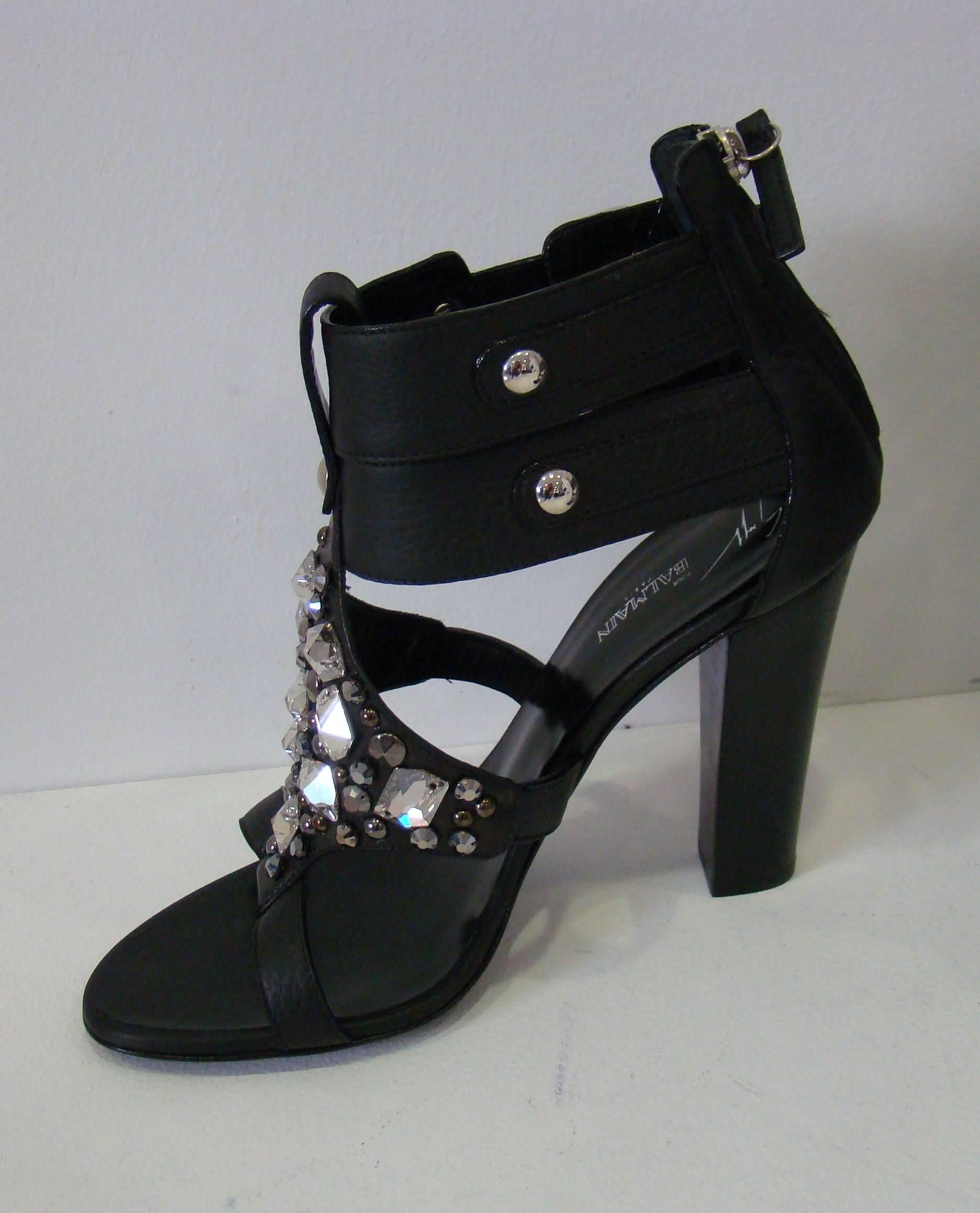 Black Pierre Balmain High Heel Shoes With Swarovski Crystals  For Sale