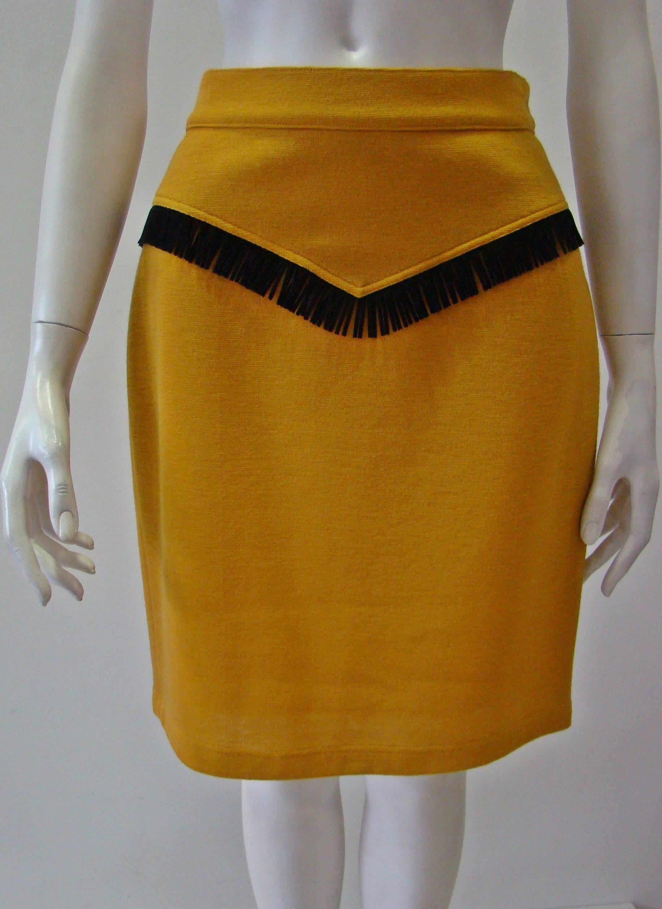 Istante By Gianni Versace Mustard Wool Skirt Fringed Front And Back Detail Fall 1992